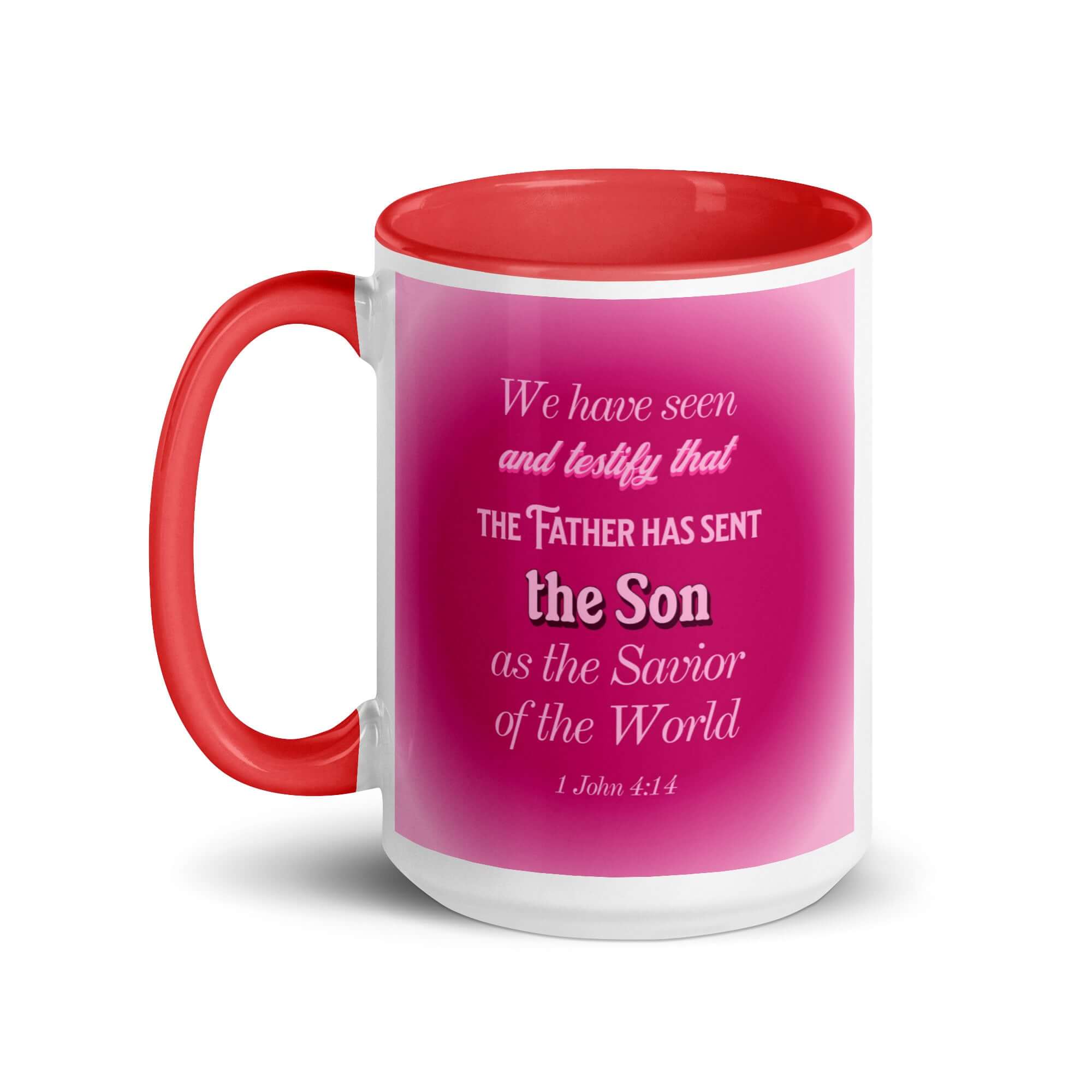 1 John 4:14 Bible Verse, that the Father White Ceramic Mug with Color Inside