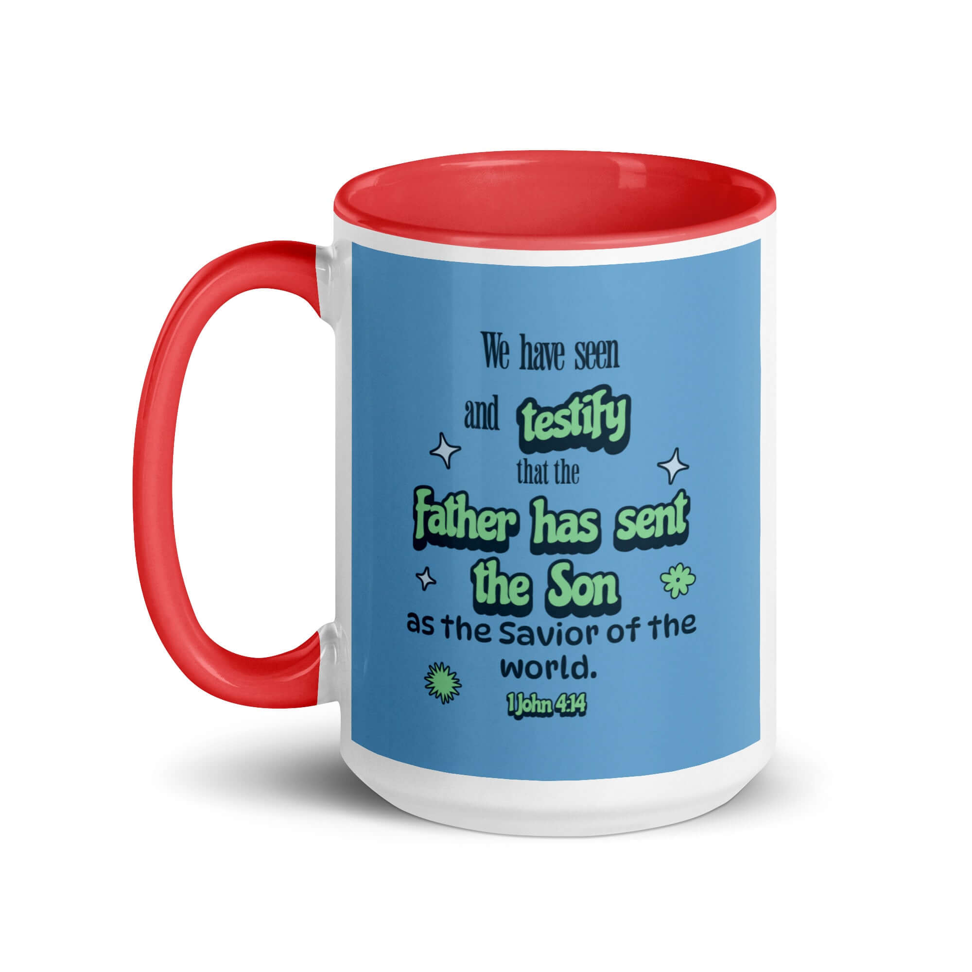1 John 4:14 Bible Verse, sent the Son White Ceramic Mug with Color Inside