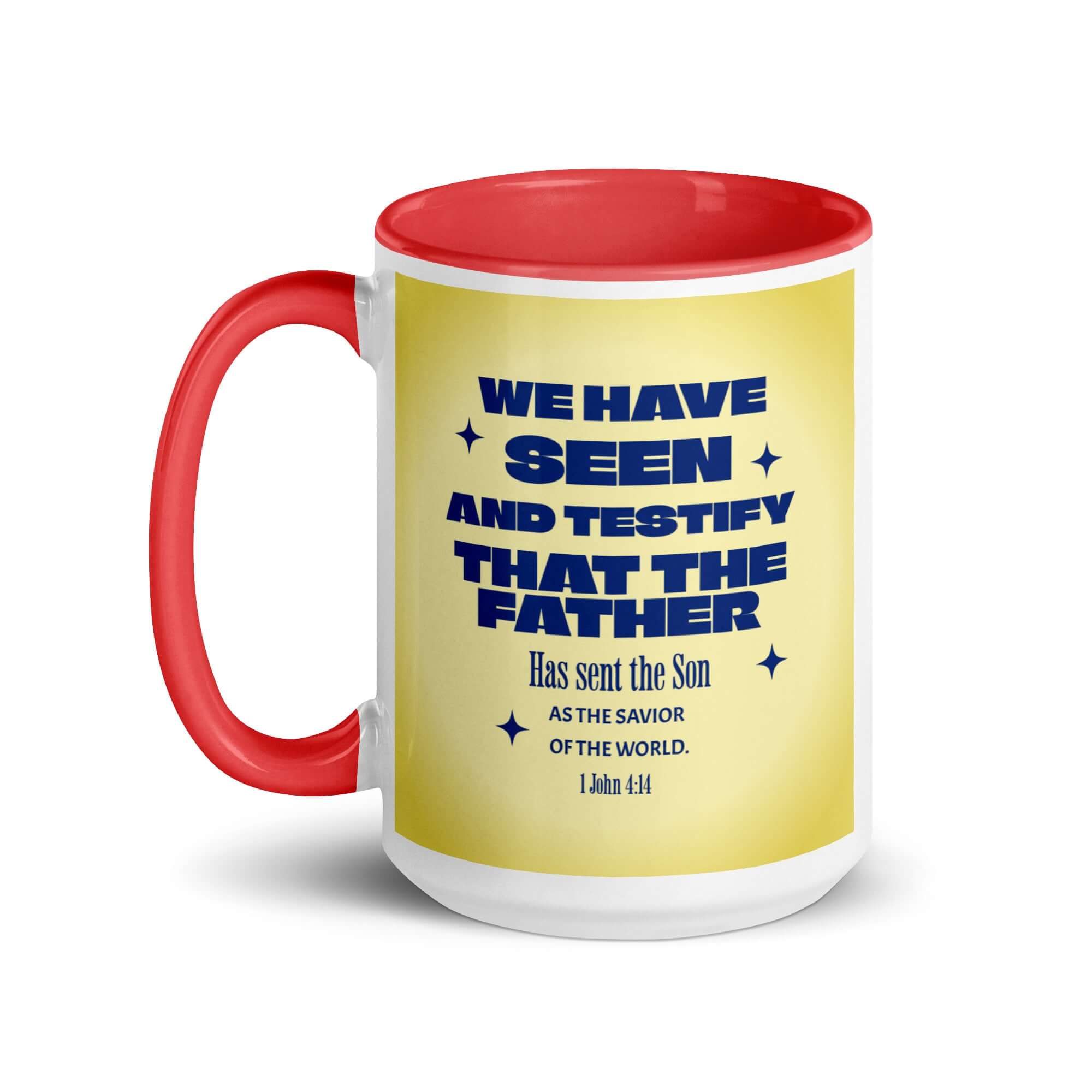 1 John 4:14 Bible Verse, Savior of the world White Ceramic Mug with Color Inside