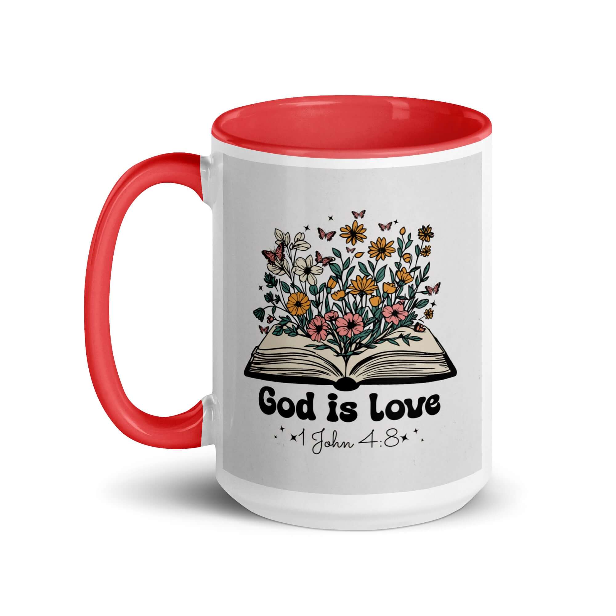 1 John 4:8 Bible Verse, God is Love White Ceramic Mug with Color Inside