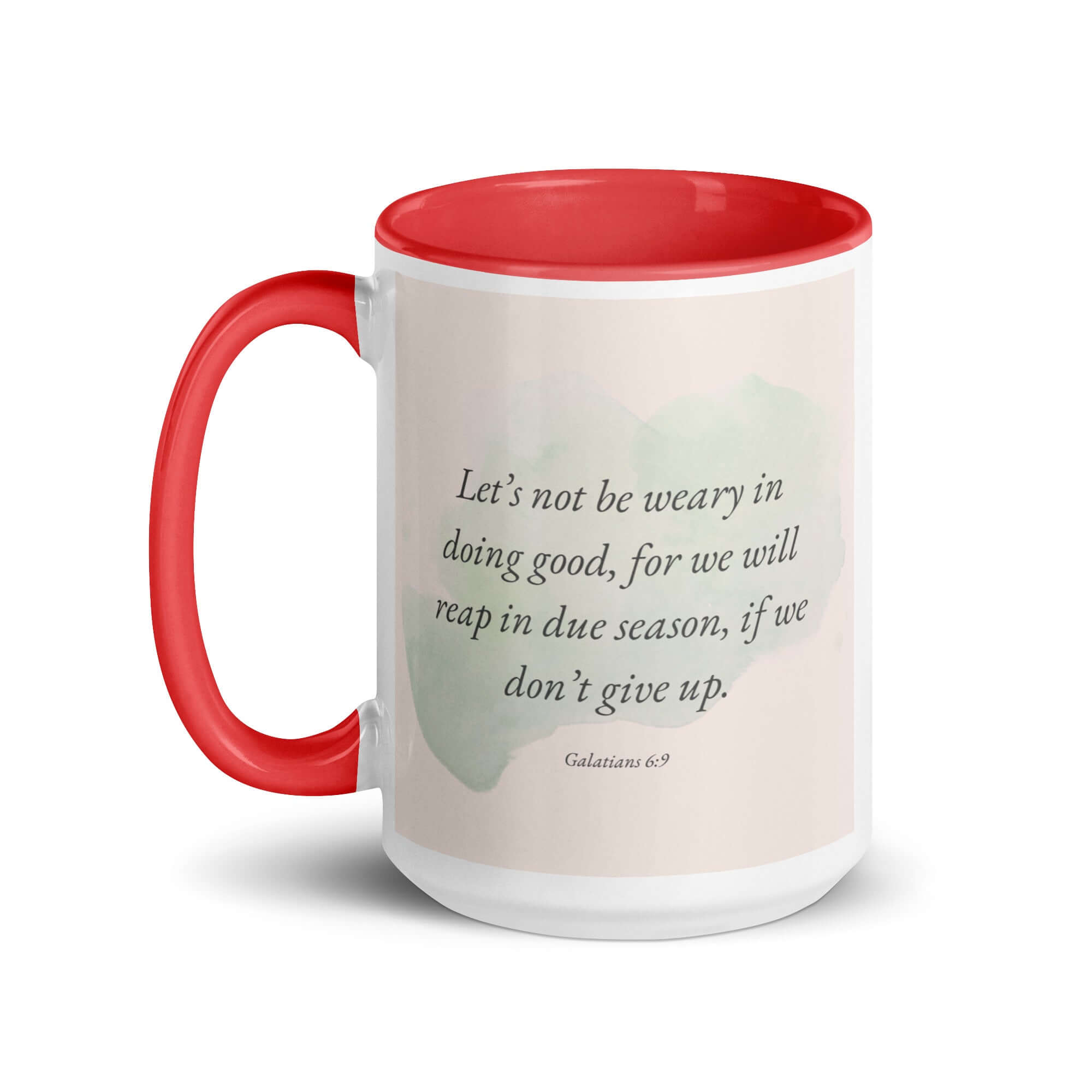 Galatians 6:9 Bible Verse, not be weary White Ceramic Mug with Color Inside