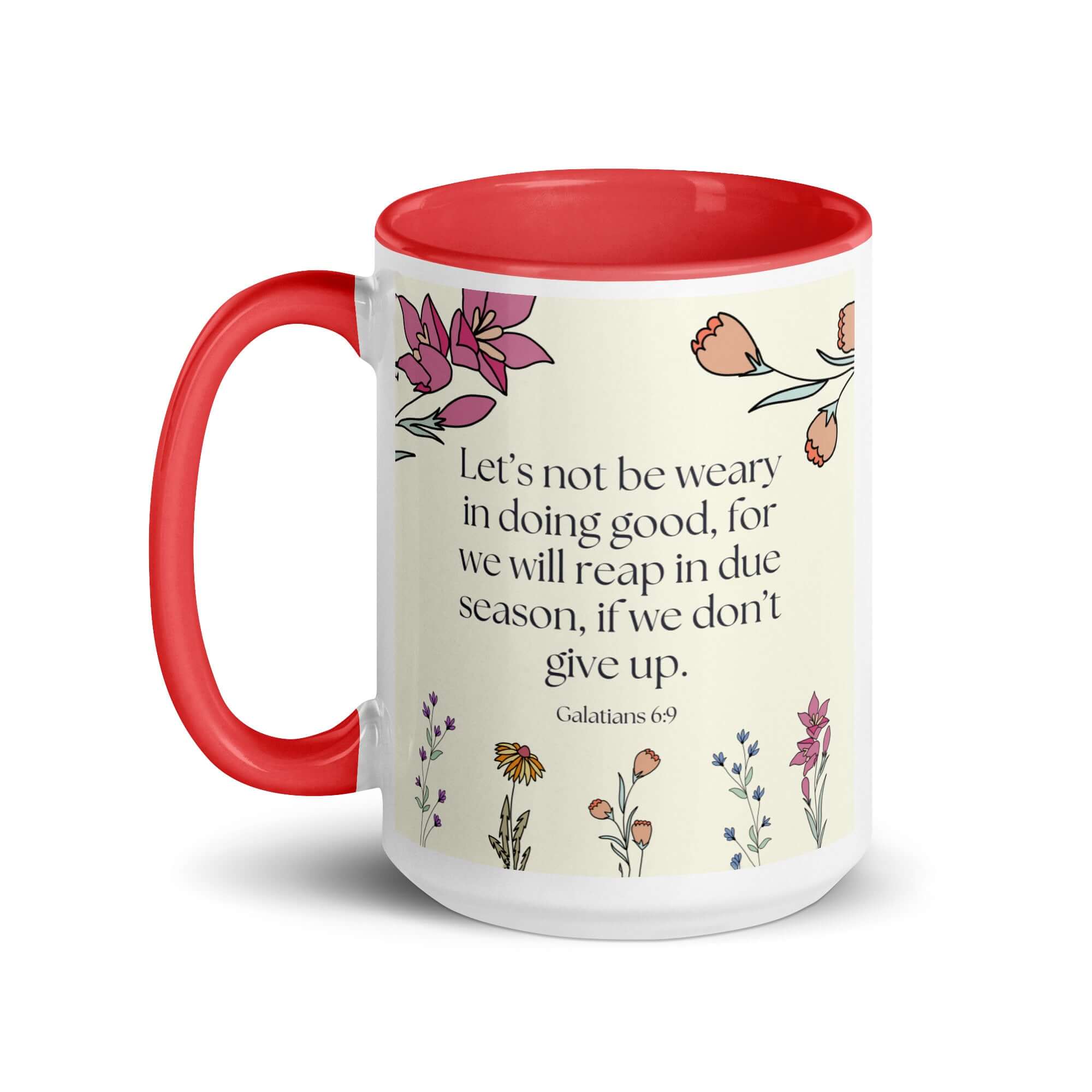 Galatians 6:9 Bible Verse, in doing good White Ceramic Mug with Color Inside