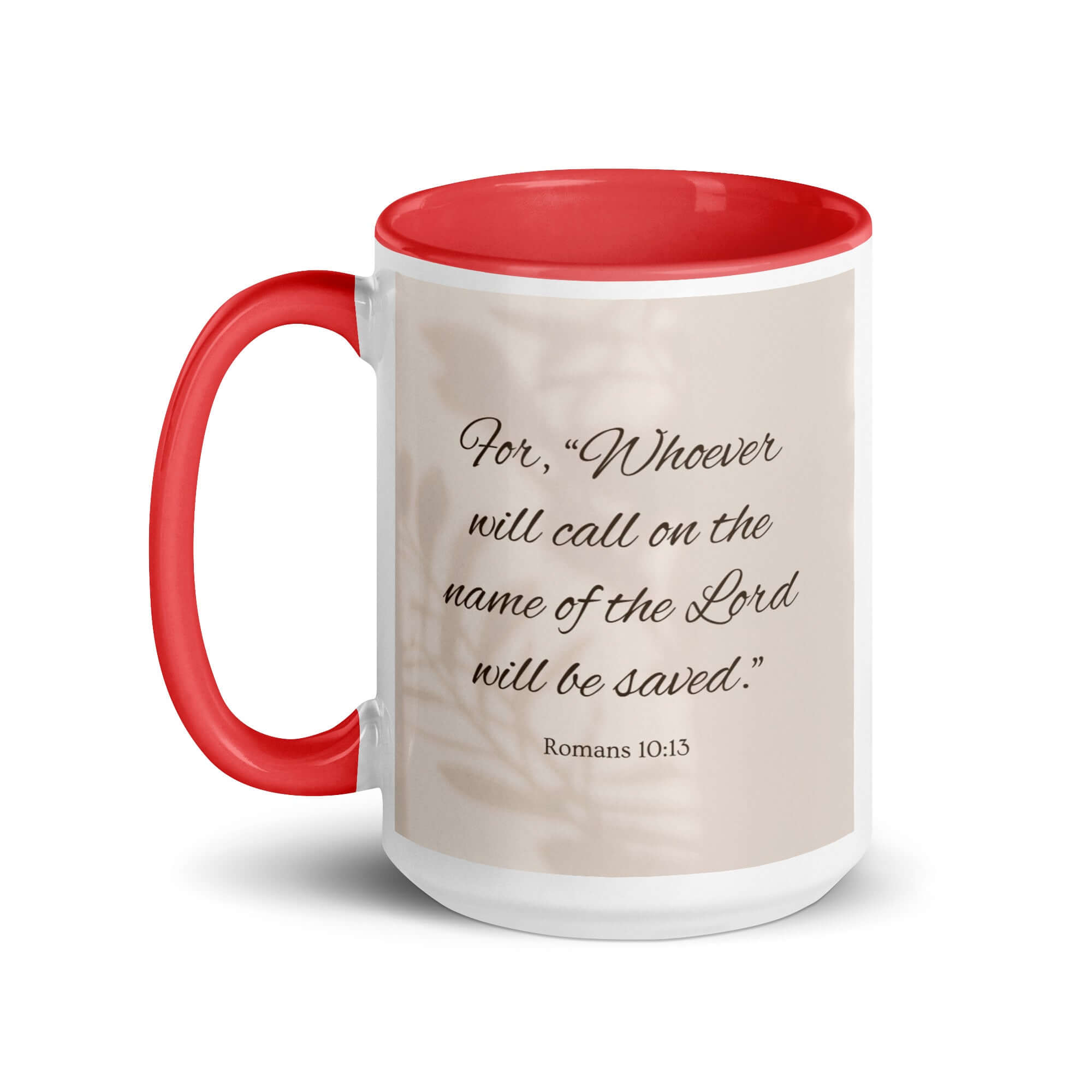 Romans 10:13 Bible Verse, Whoever White Ceramic Mug with Color Inside