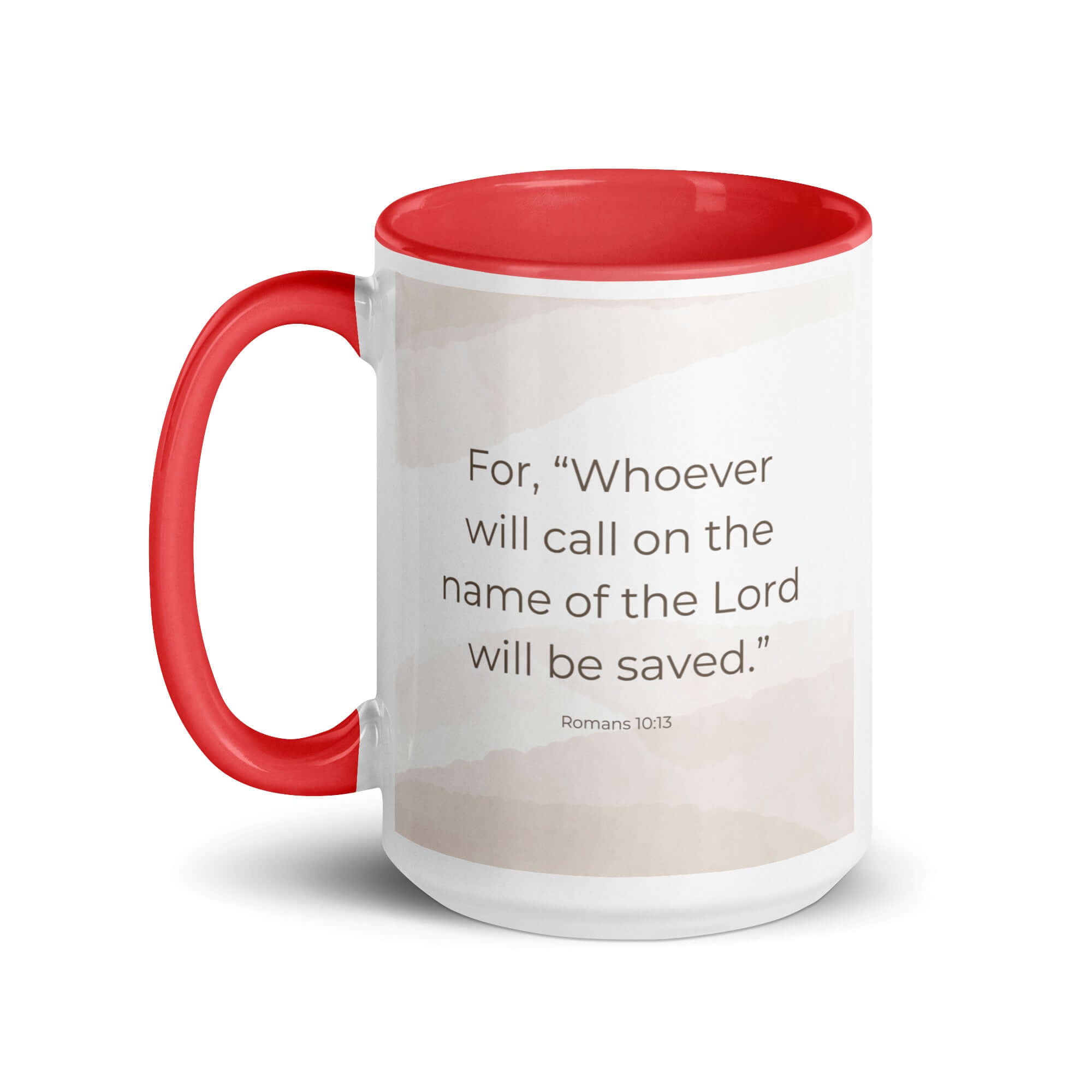 Romans 10:13 Bible Verse, the name White Ceramic Mug with Color Inside