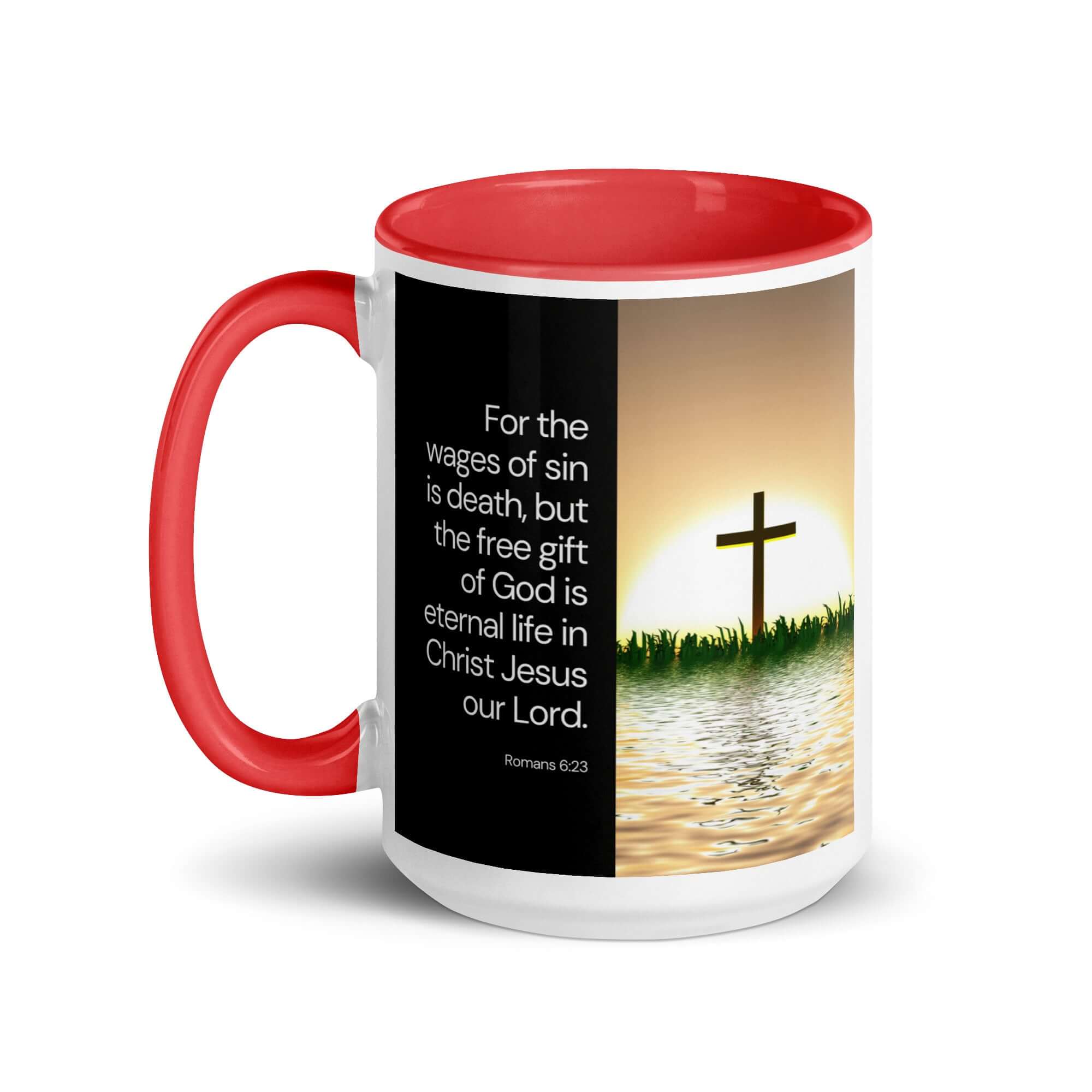 Romans 6:23 Bible Verse, the wages White Ceramic Mug with Color Inside