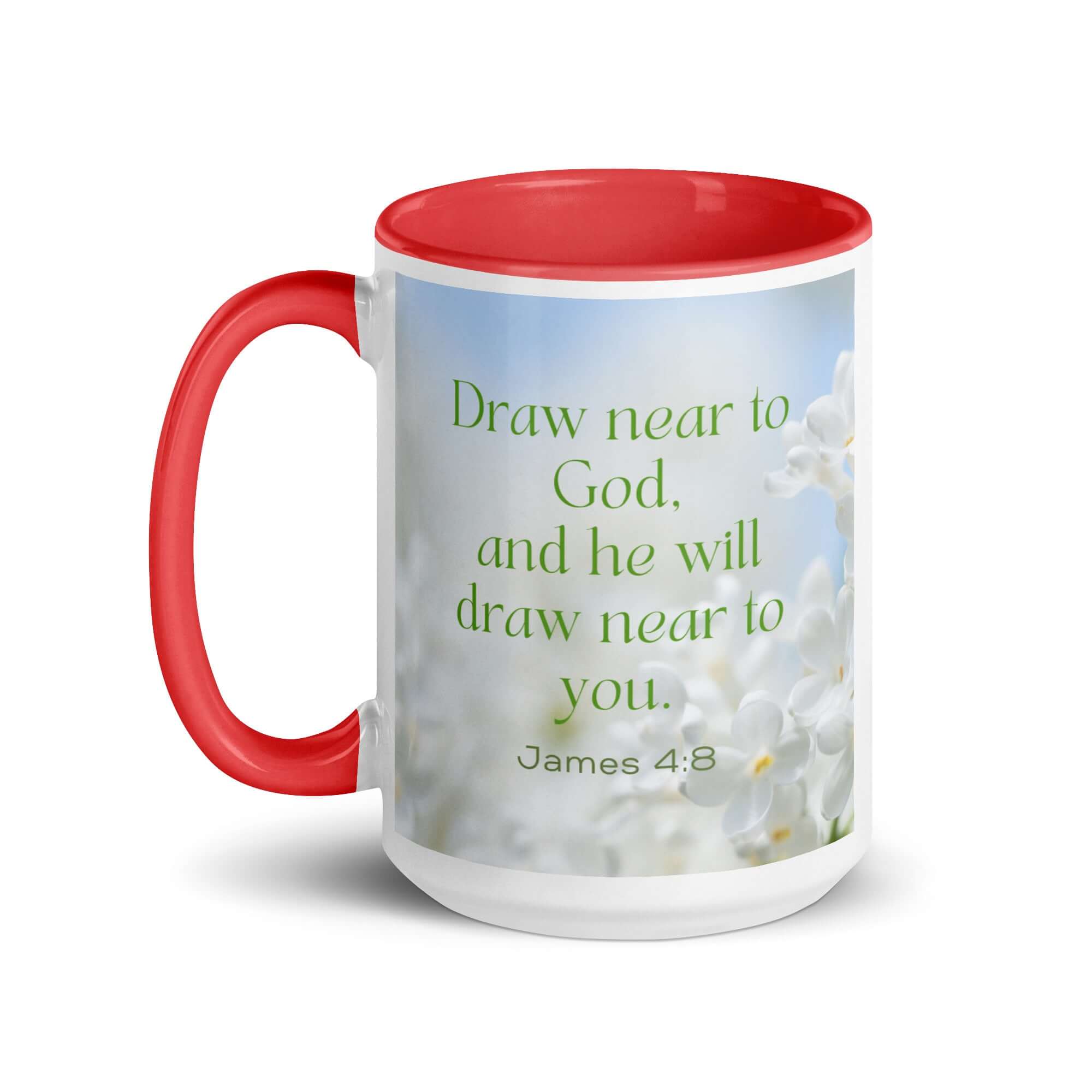 James 4:8 Bible Verse, Draw near White Ceramic Mug with Color Inside