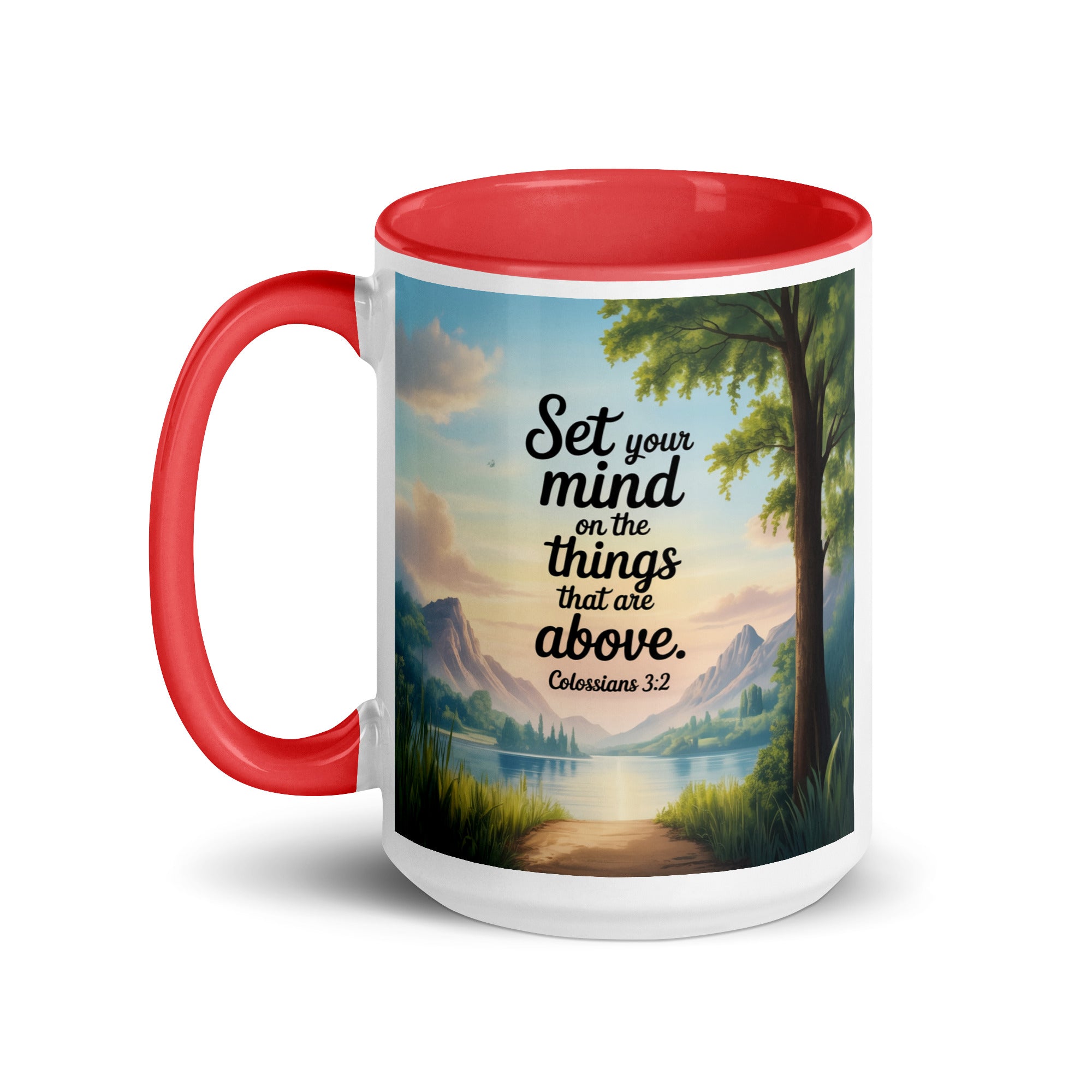Colossians 3:2 Bible Verse Set White Ceramic Mug with Color Inside