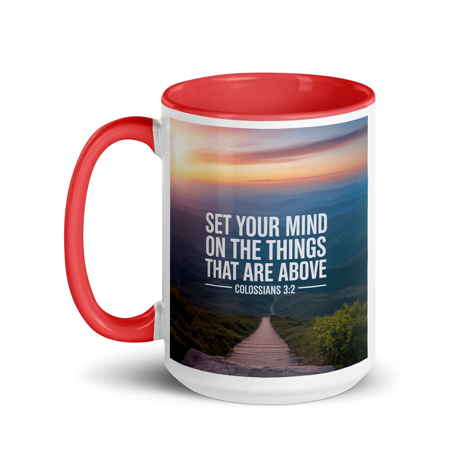 Colossians 3:2 Bible Verse your mind White Ceramic Mug with Color Inside