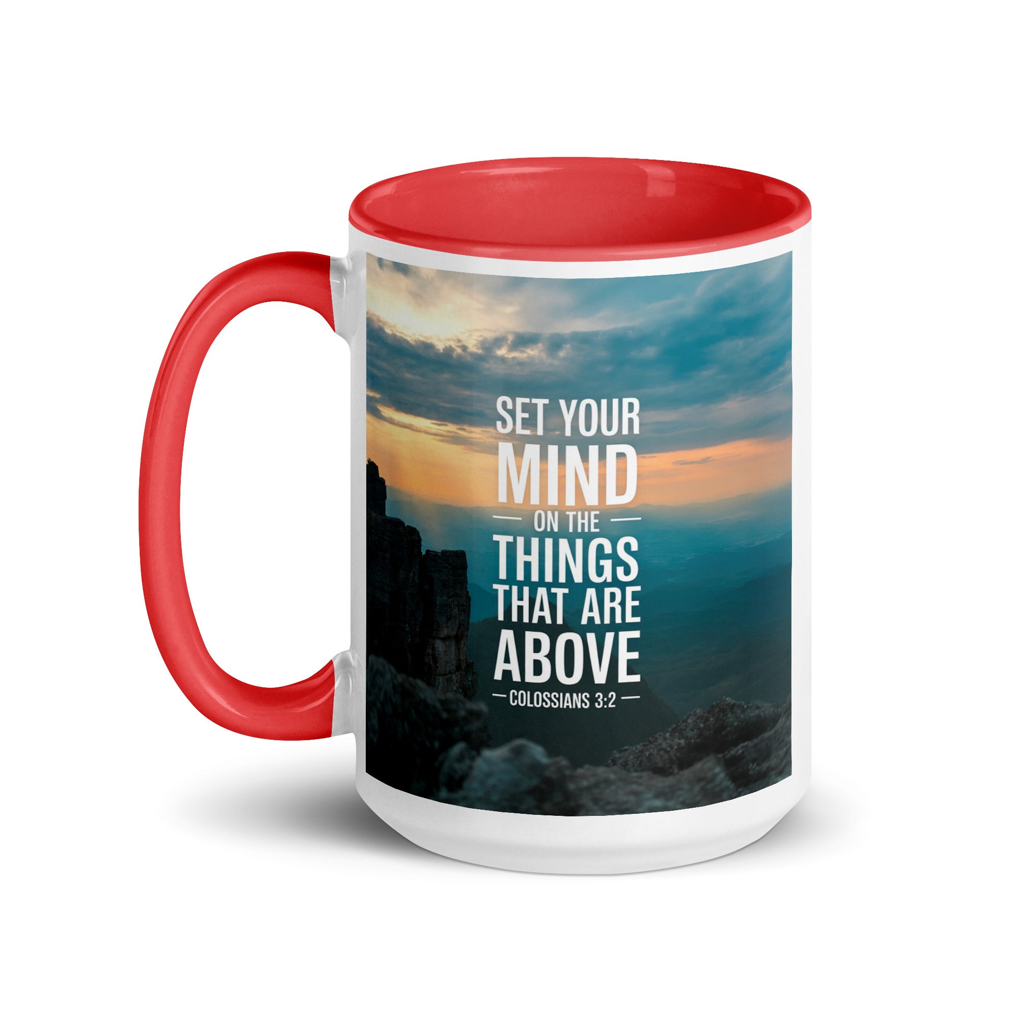 Colossians 3:2 Bible Verse on the White Ceramic Mug with Color Inside