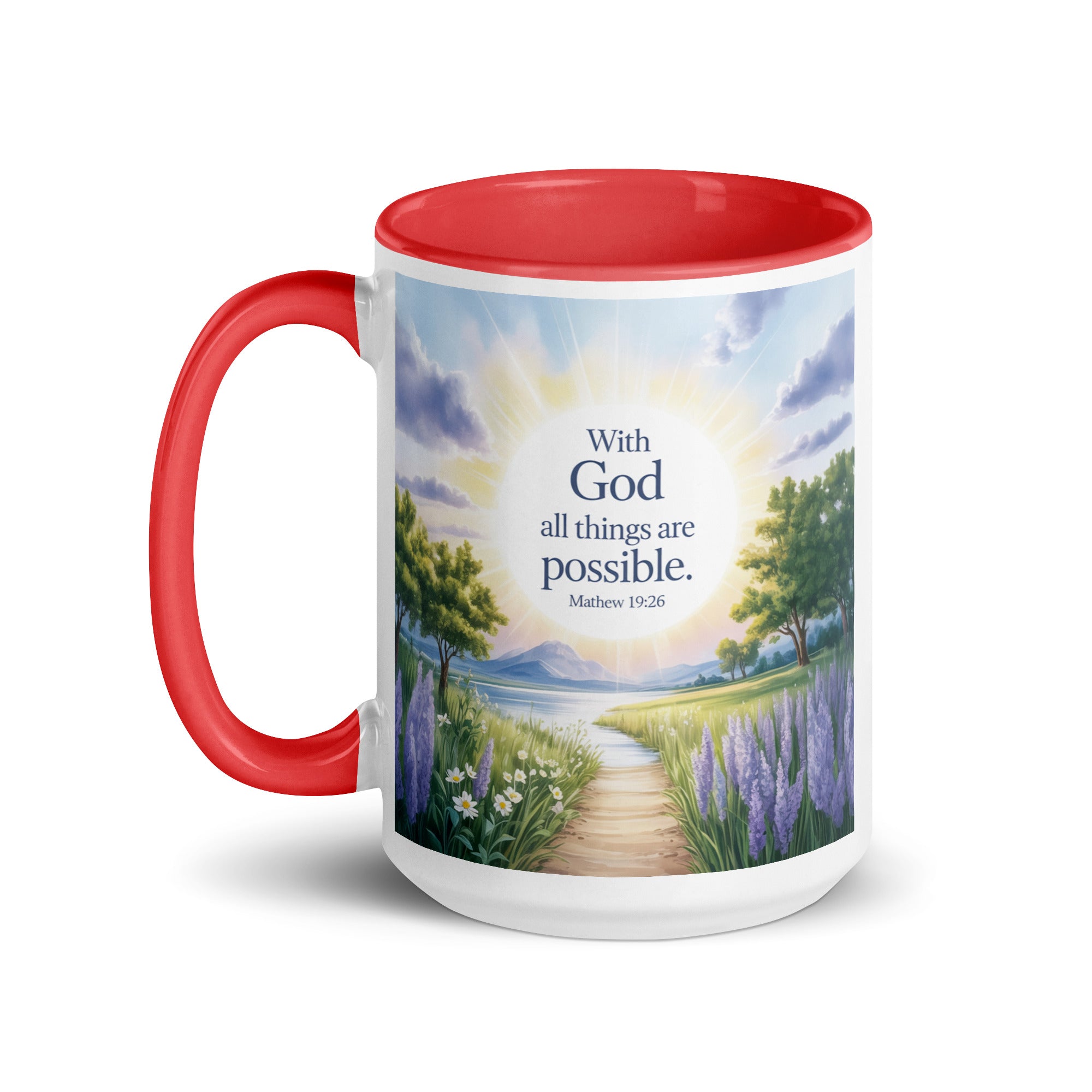 Matthew 19:26 Bible Verse Looking at White Ceramic Mug with Color Inside