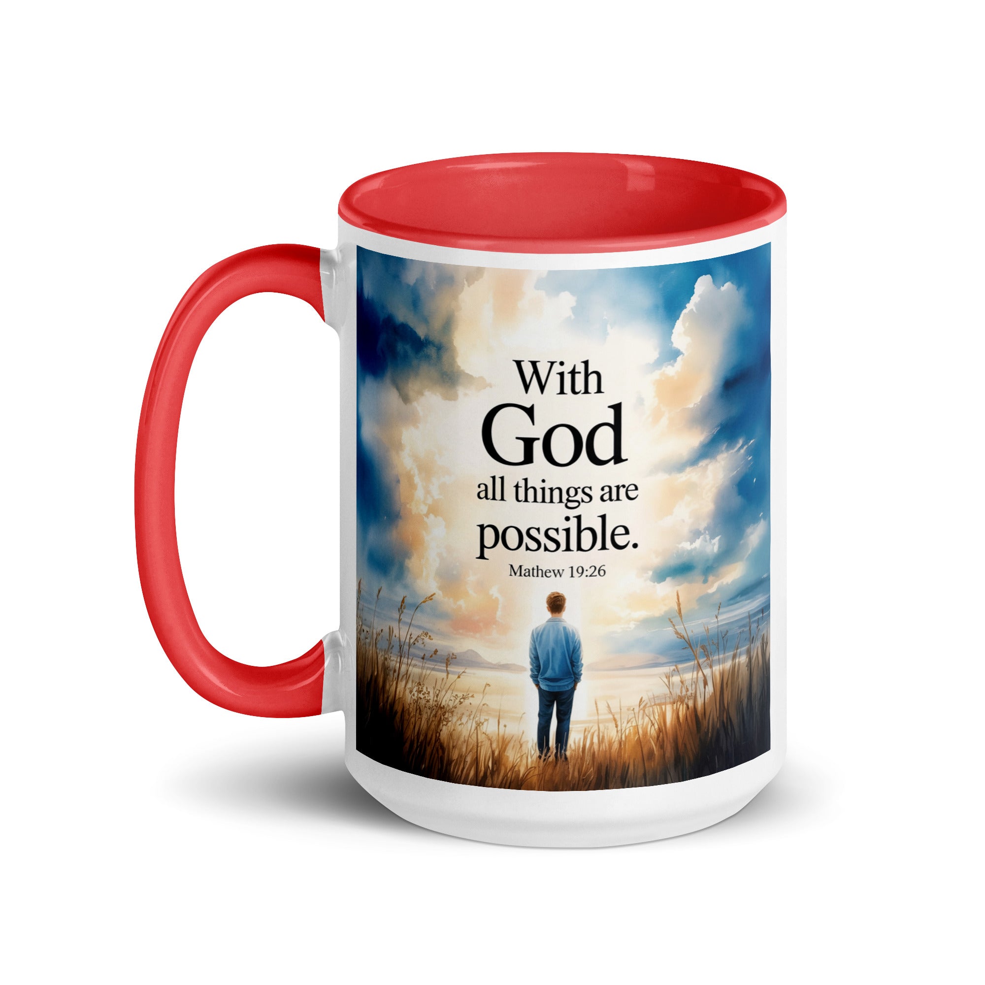 Matthew 19:26 Bible Verse Jesus White Ceramic Mug with Color Inside