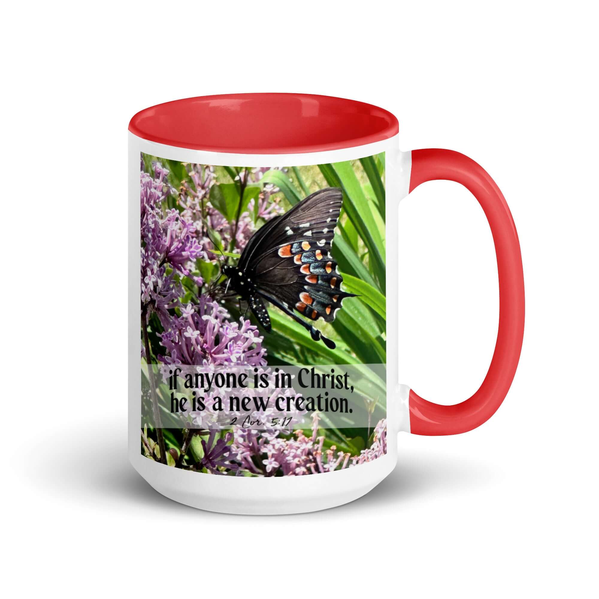 2 Corinthians 5:17 Bible Verse, Butterfly White Ceramic Mug with Color Inside Red 15 oz
