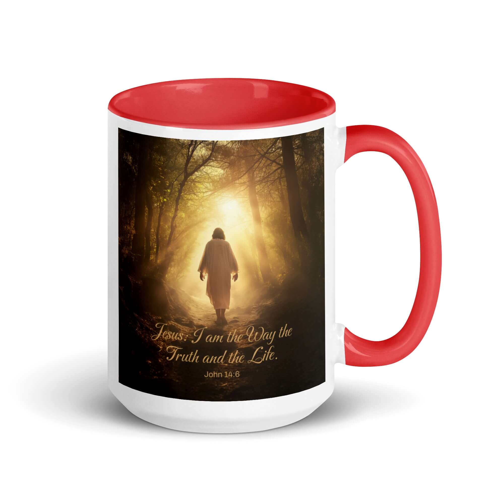 John 14:6 Bible Verse, Forest Image White Ceramic Mug with Color Inside Red 15 oz