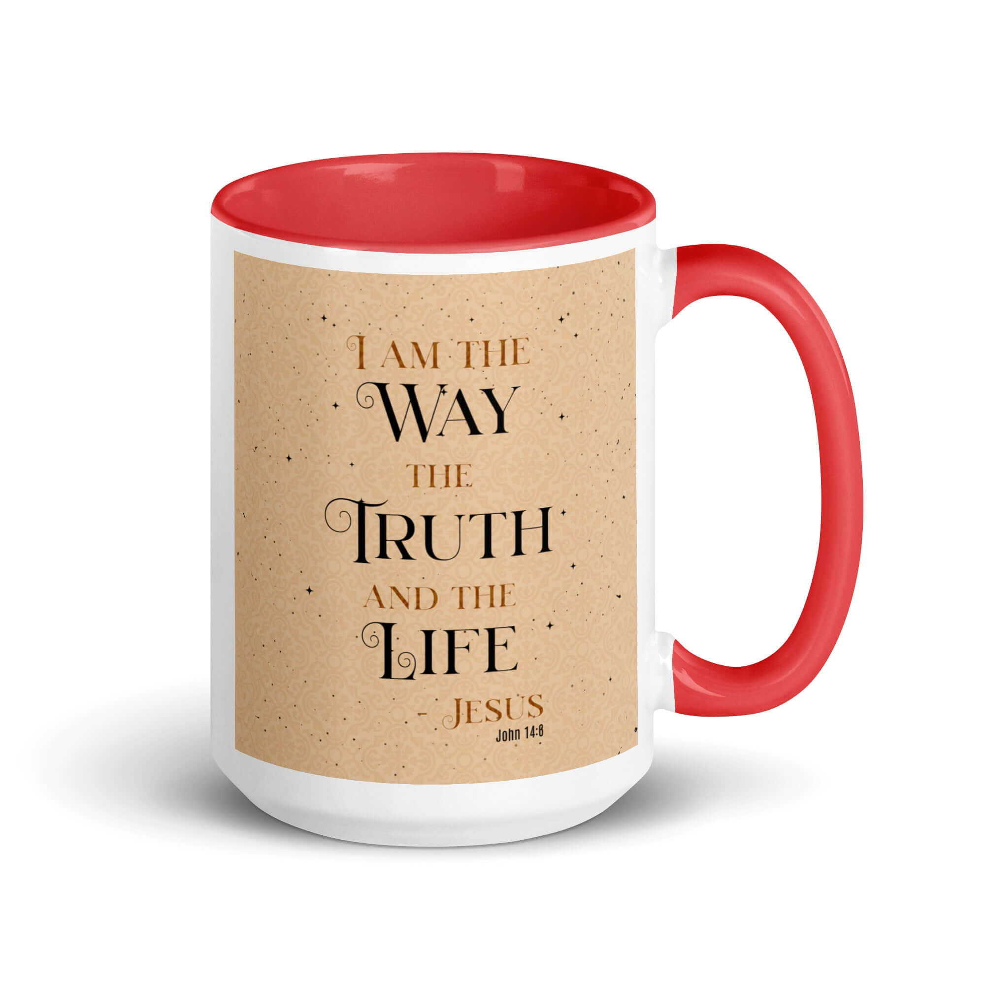 John 14:6 Bible Verse, Color Text Brown Background White Ceramic Mug with Color Inside Red 15 oz
