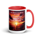 Psalm 107:1 Bible Verse, Give Thanks to the Lord White Ceramic Mug with Color Inside Red 15 oz