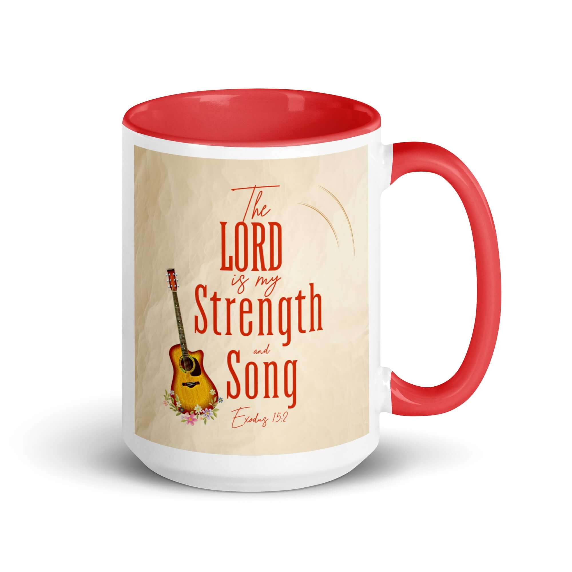 Exodus 15:2 Bible Verse, The LORD is my strength White Ceramic Mug with Color Inside Red 15 oz
