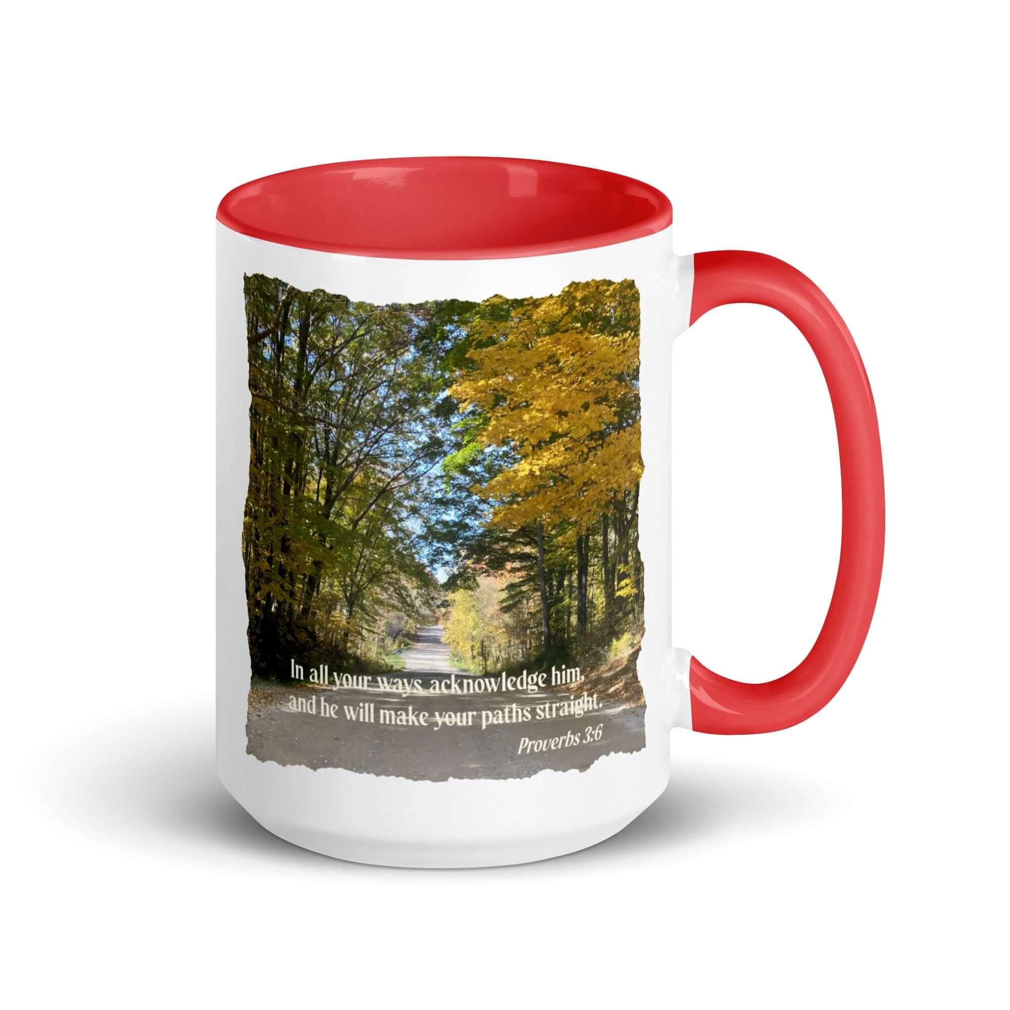 Proverbs 3:6 Bible Verse, Fall Road White Ceramic Mug with Color Inside Red 15 oz