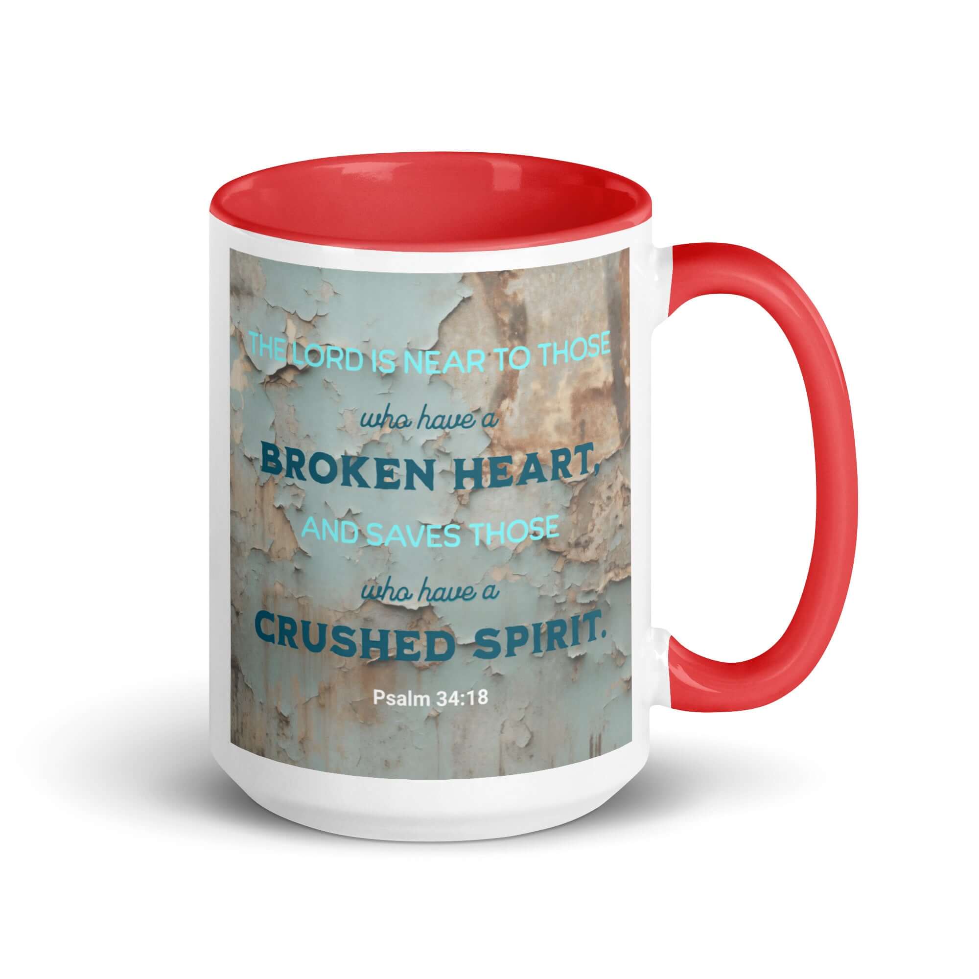 Psalm 34:18 Bible Verse, The LORD is Near White Ceramic Mug with Color Inside Red 15 oz