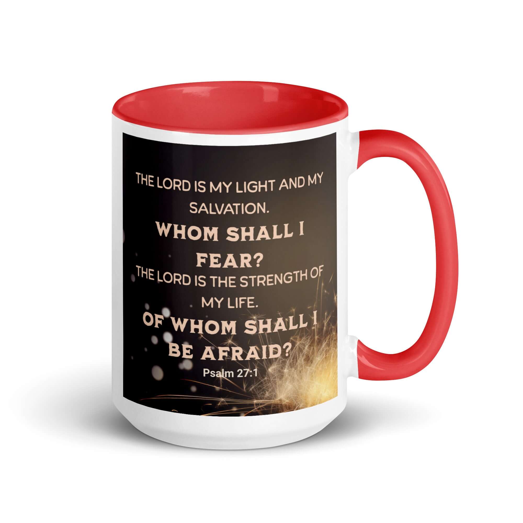 Psalm 27:1 Bible Verse, The LORD is My Light White Ceramic Mug with Color Inside Red 15 oz