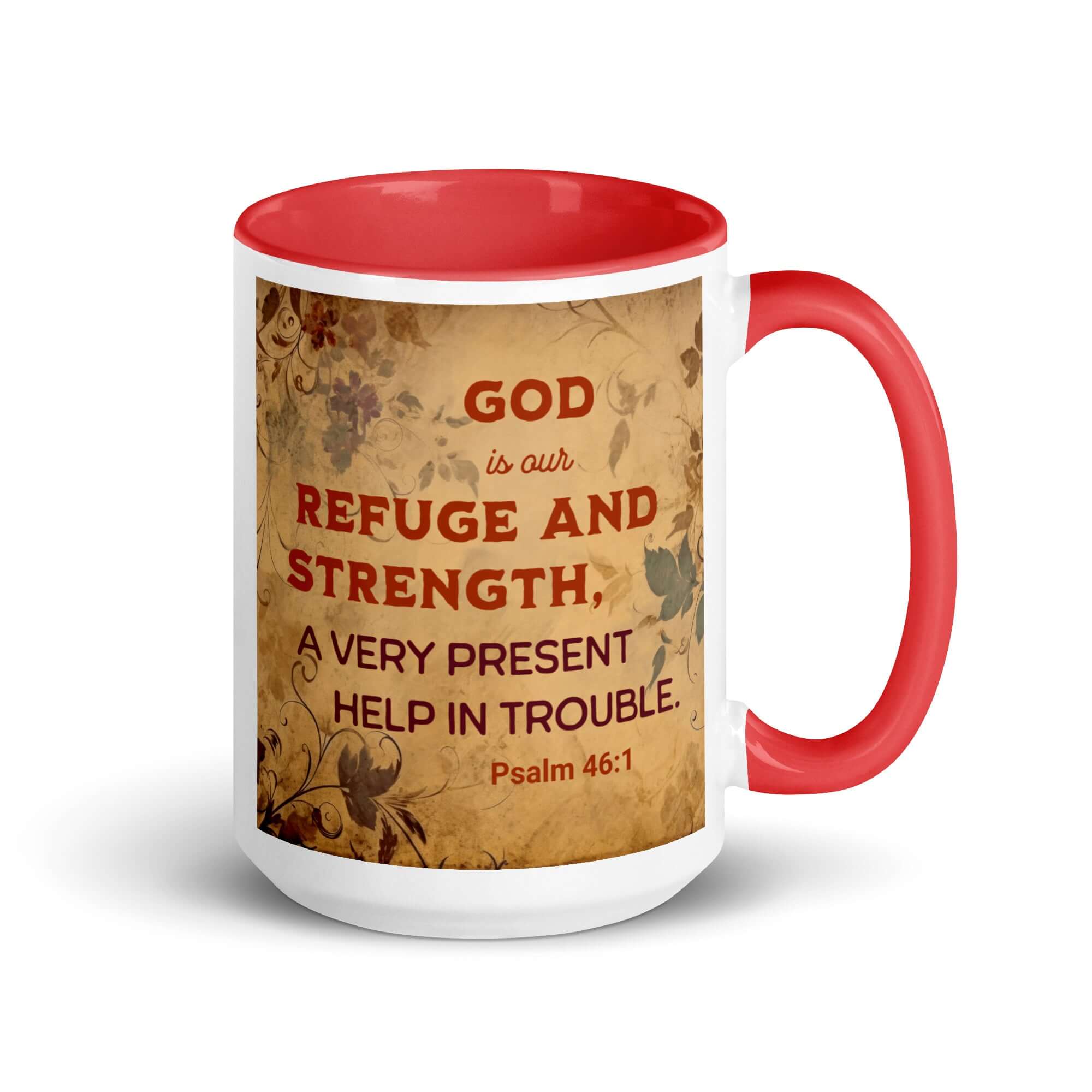 Psalm 46:1 Bible Verse, God is Our Refuge White Ceramic Mug with Color Inside Red 15 oz