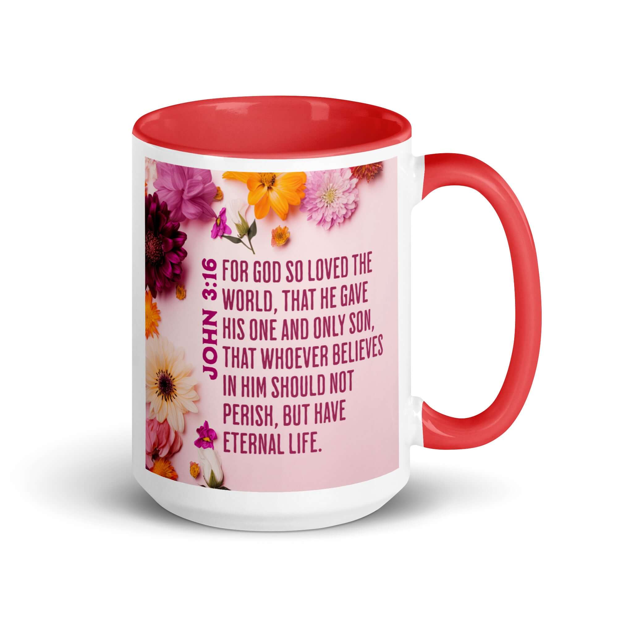 John 3:16 Bible Verse, For God So Loved White Ceramic Mug with Color Inside Red 15 oz