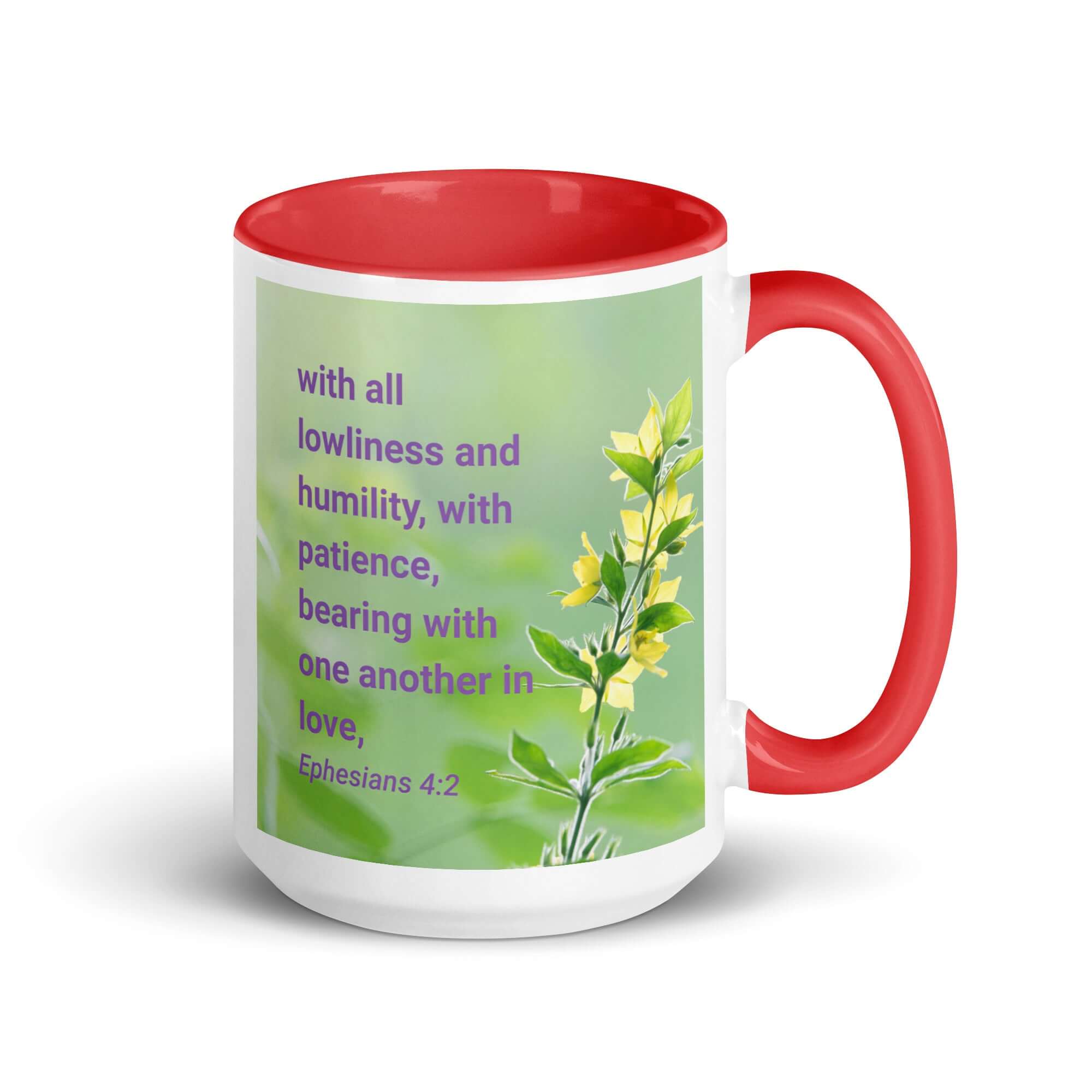 Ephesians 4:2 Bible Verse, one another in love White Ceramic Mug with Color Inside Red 15 oz
