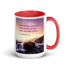 1 Corinthians 2:5 Bible Verse, power of God White Ceramic Mug with Color Inside Red 15 oz