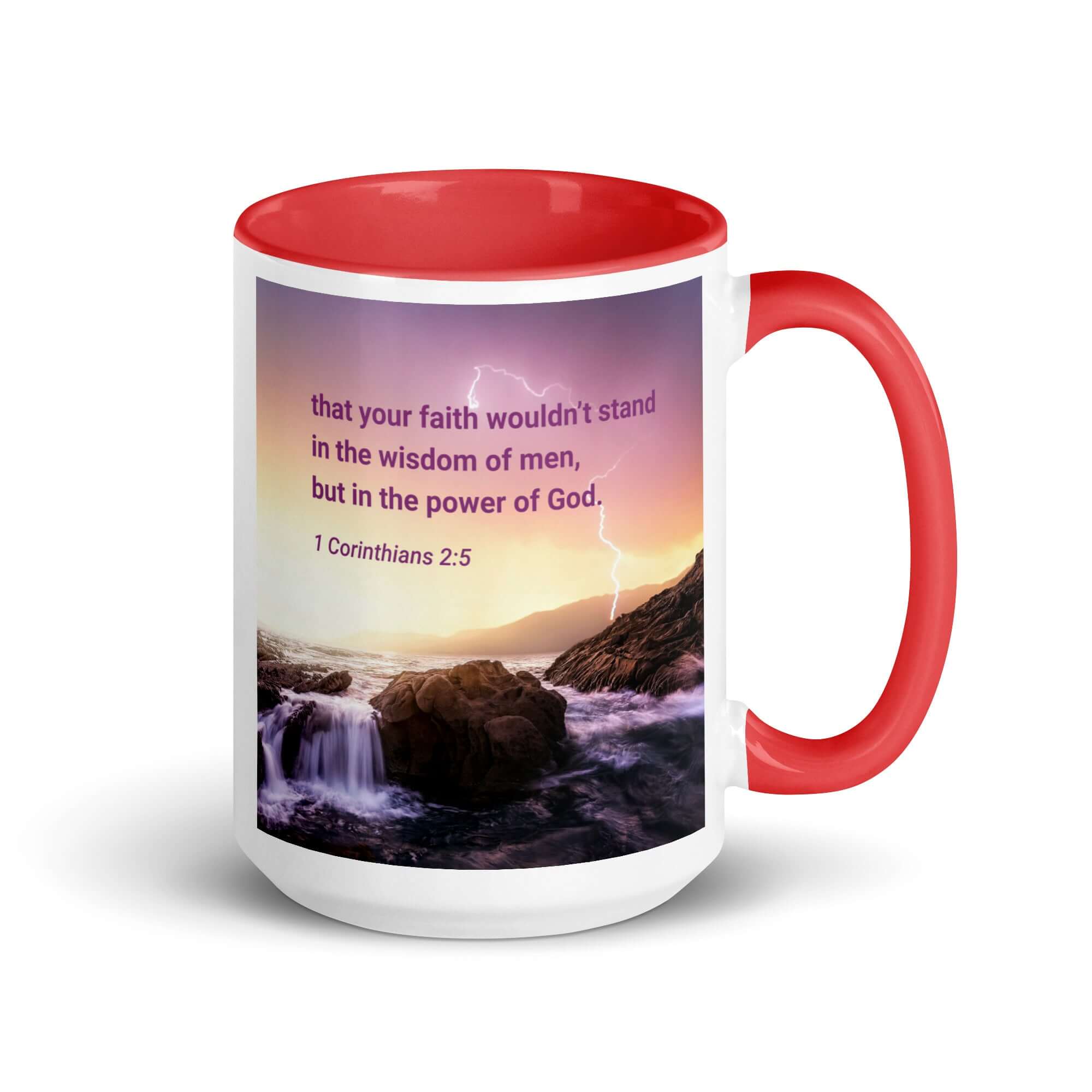 1 Corinthians 2:5 Bible Verse, power of God White Ceramic Mug with Color Inside Red 15 oz