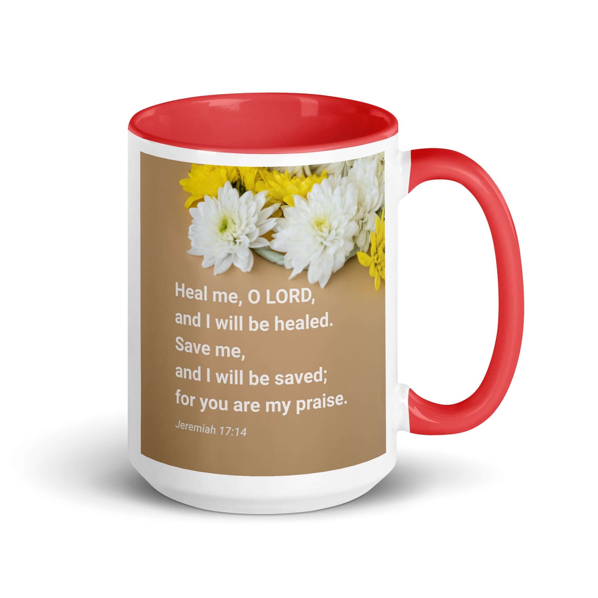 Jeremiah 17:14 Bible Verse, Heal me, O LORD White Ceramic Mug with Color Inside Red 15 oz