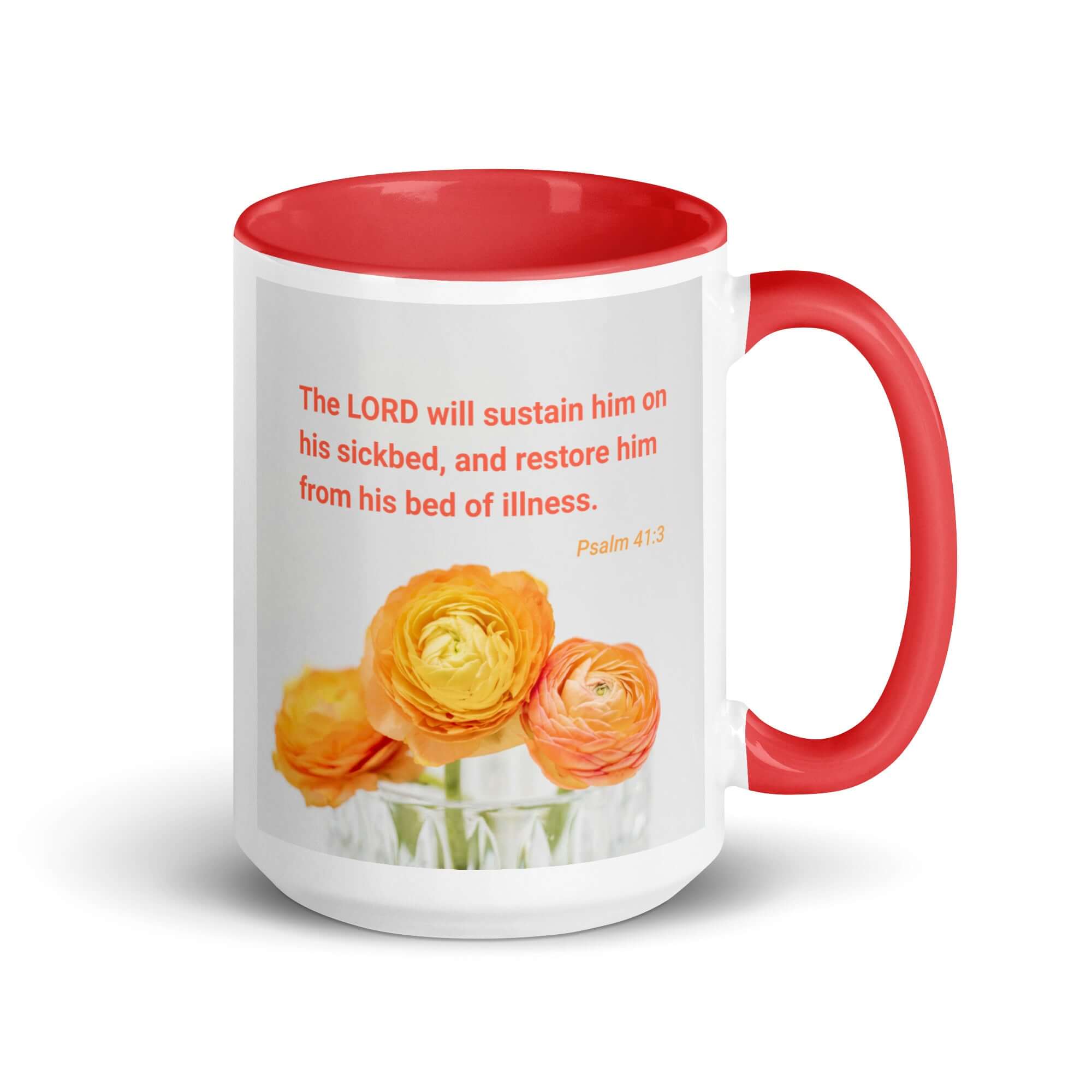 Psalm 41:3 Bible Verse, LORD will sustain White Ceramic Mug with Color Inside Red 15 oz