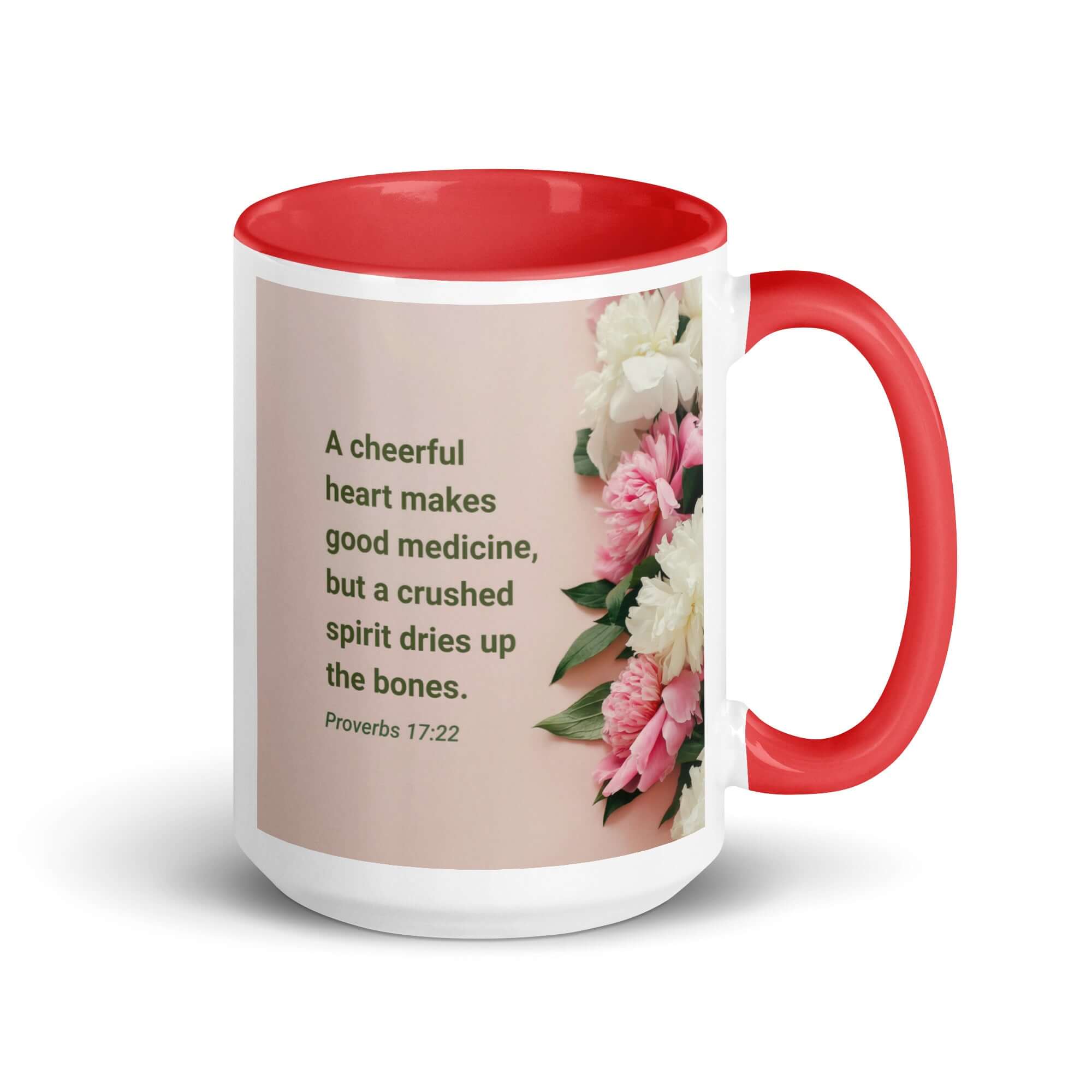 Proverbs 17:22 Bible Verse, good medicine White Ceramic Mug with Color Inside Red 15 oz