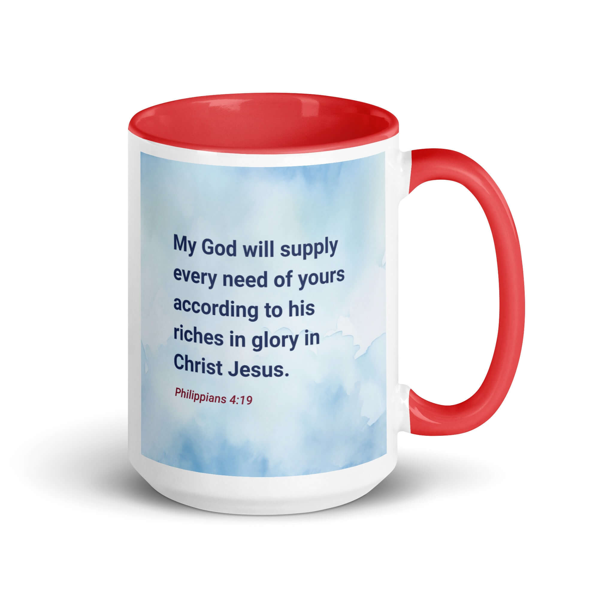 Philippians 4:19 Bible Verse, God will supply White Ceramic Mug with Color Inside Red 15 oz