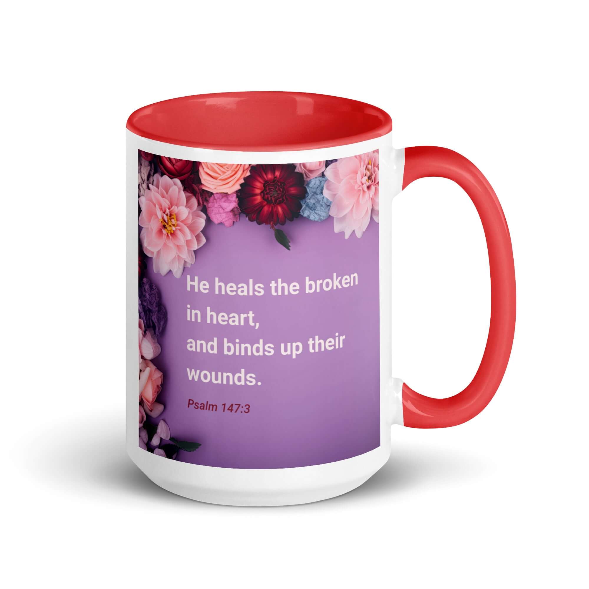 Psalm 147:3 Bible Verse, He heals the broken White Ceramic Mug with Color Inside Red 15 oz