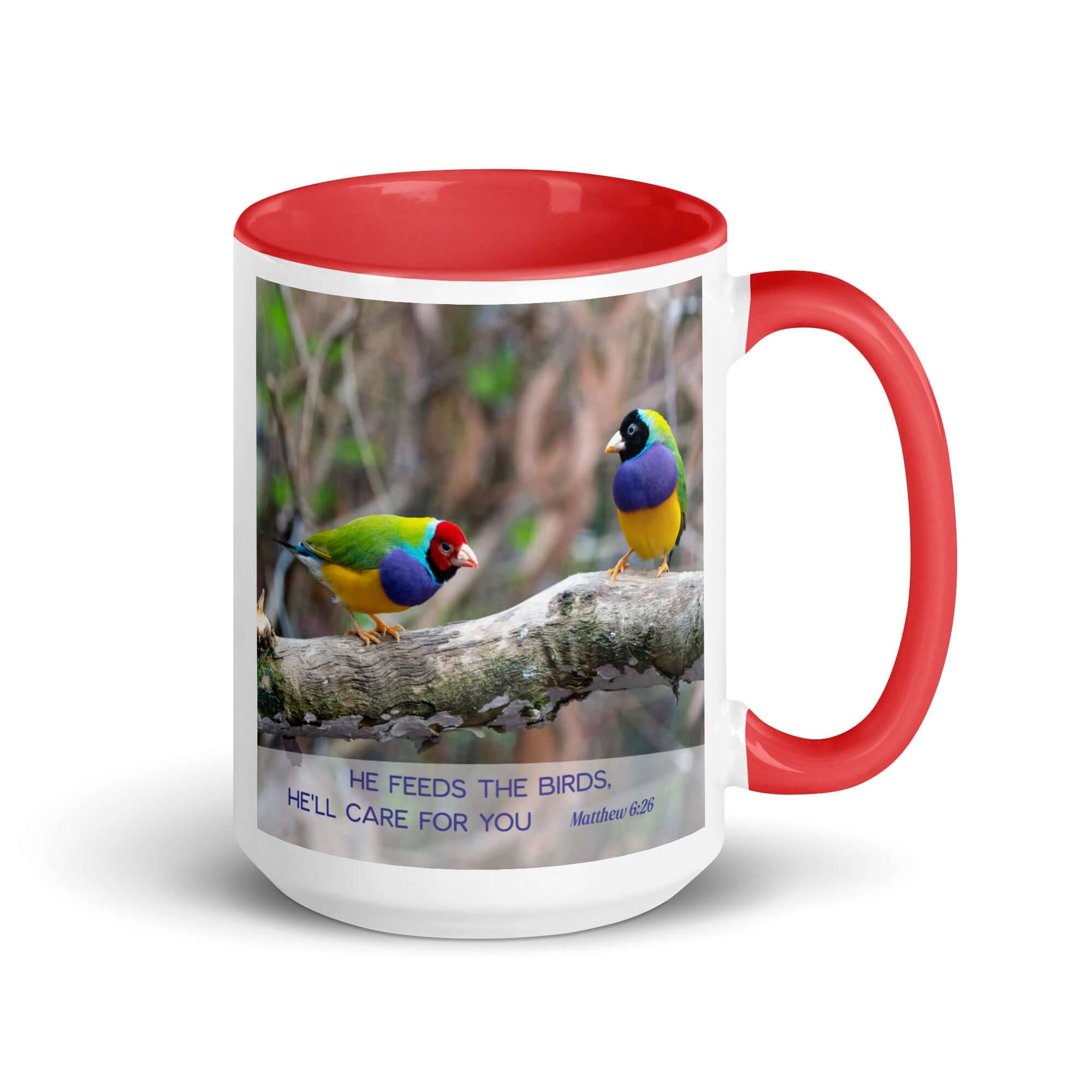 Matthew 6:26 Gouldian Finches, He'll Care for You White Ceramic Mug with Color Inside