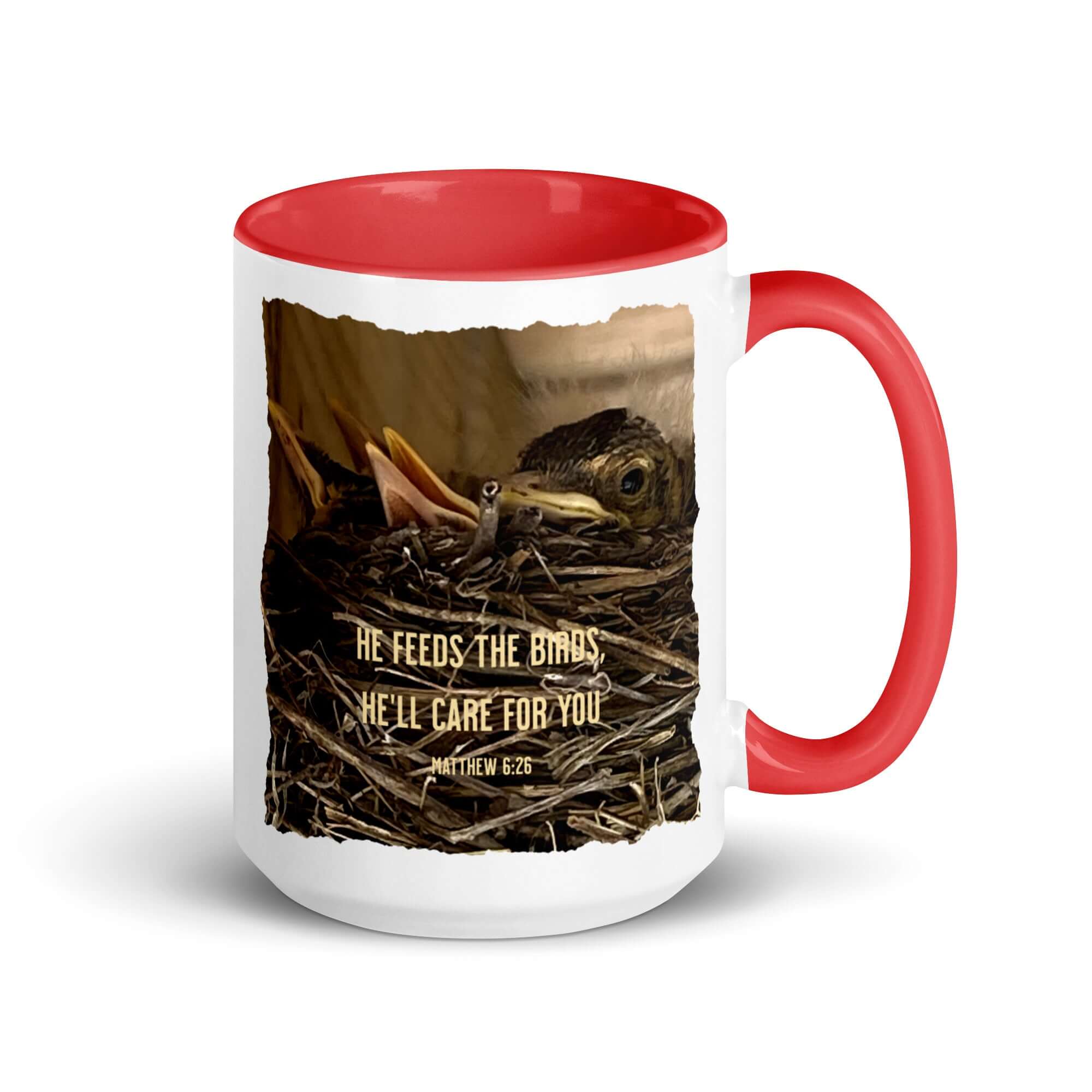 Matthew 6:26 Baby Robins, He'll Care for You White Ceramic Mug with Color Inside