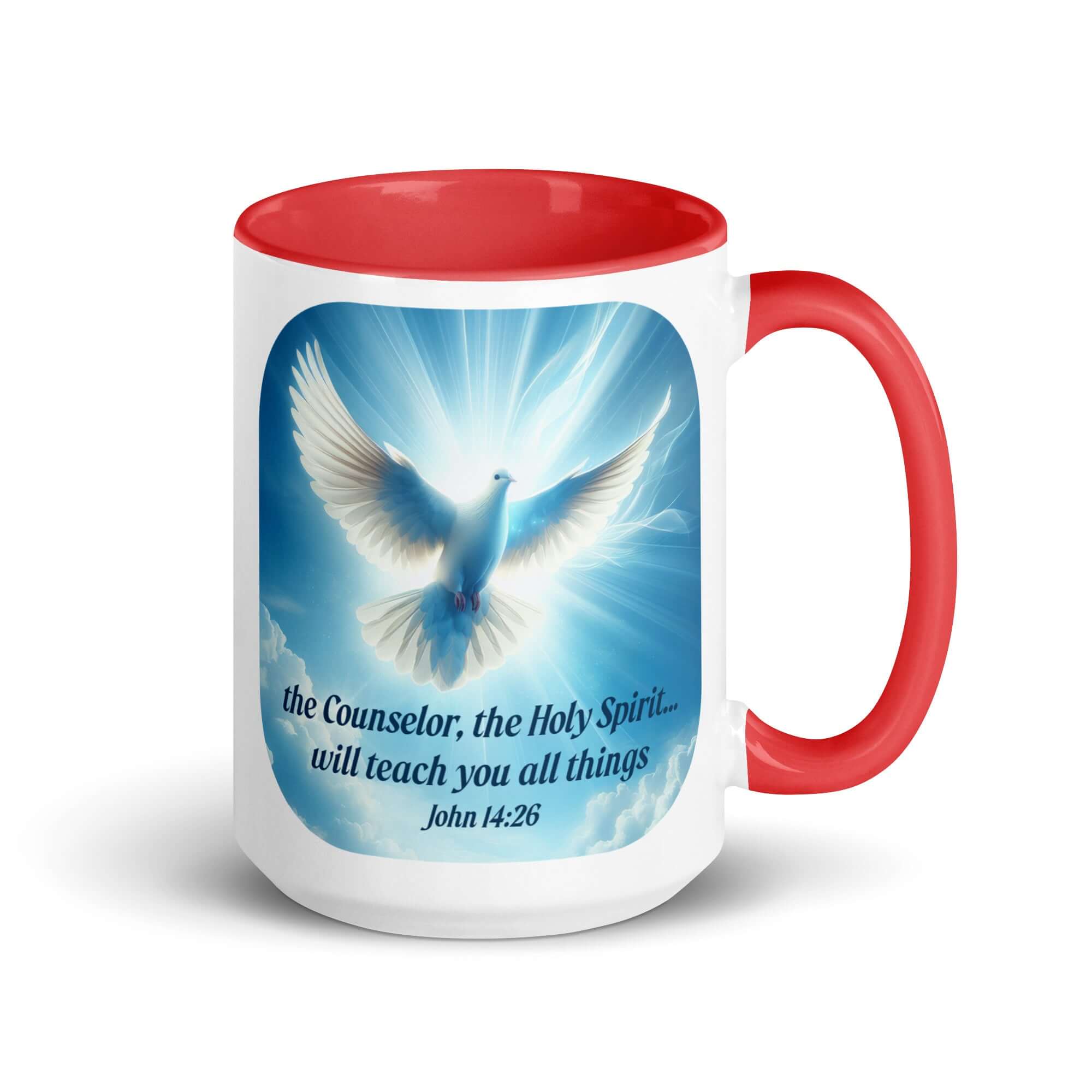 John 14:26 Bible Verse, Holy Spirit Dove White Ceramic Mug with Color Inside
