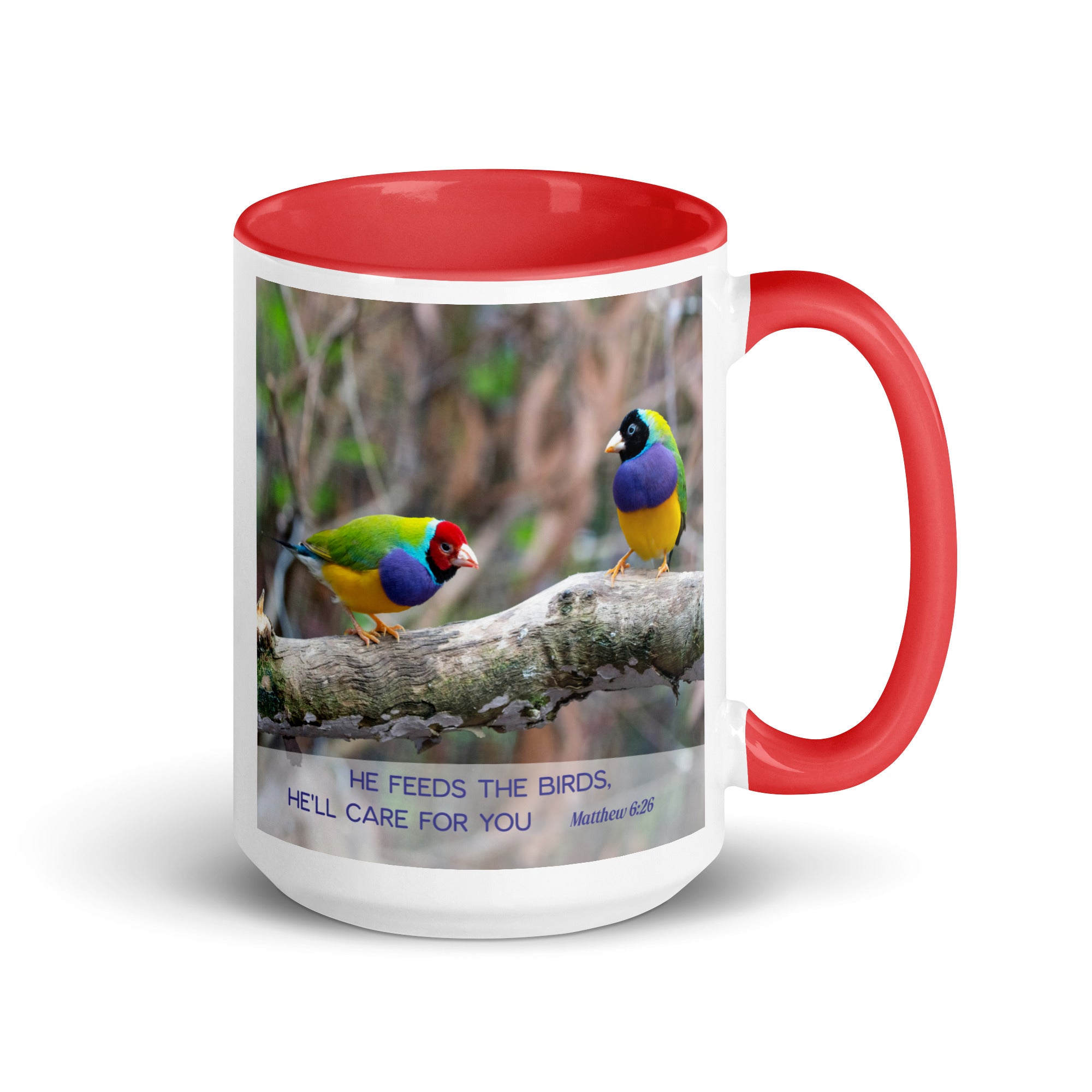 Matthew 6:26 Gouldian Finches, He'll Care for You White Ceramic Mug with Color Inside Red 15 oz