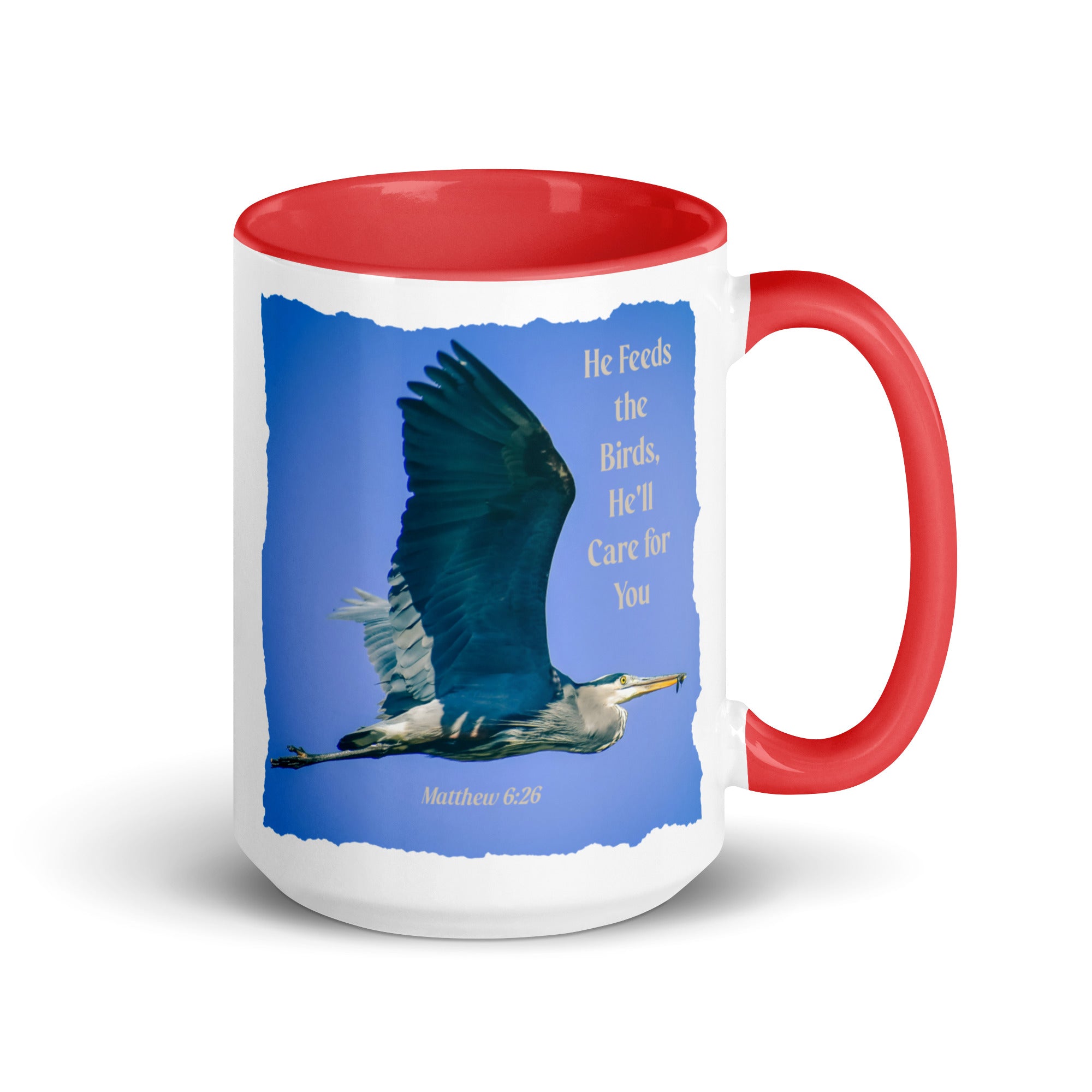 Matthew 6:26 Graceful Heron, He'll Care for You White Ceramic Mug with Color Inside Red 15 oz