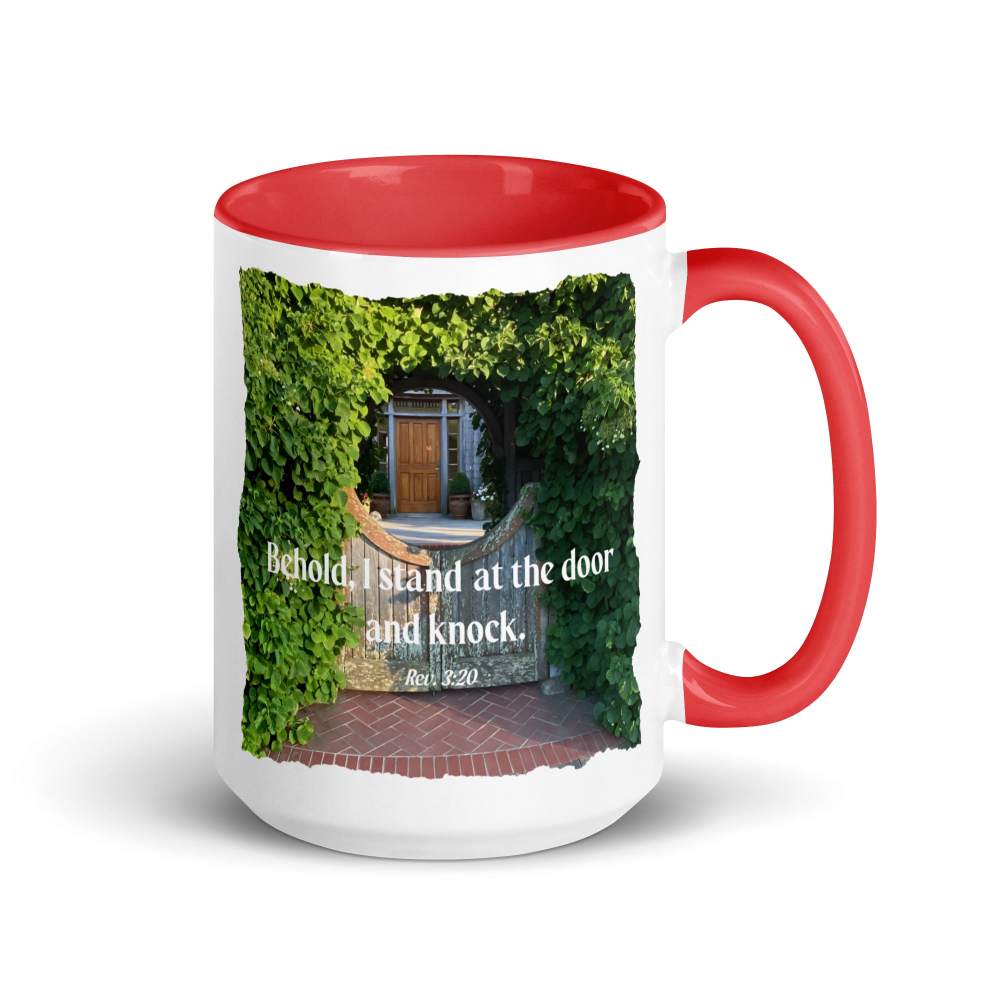 Revelation 3:20 Bible Verse, Garden Doorway White Ceramic Mug with Color Inside Red 15 oz