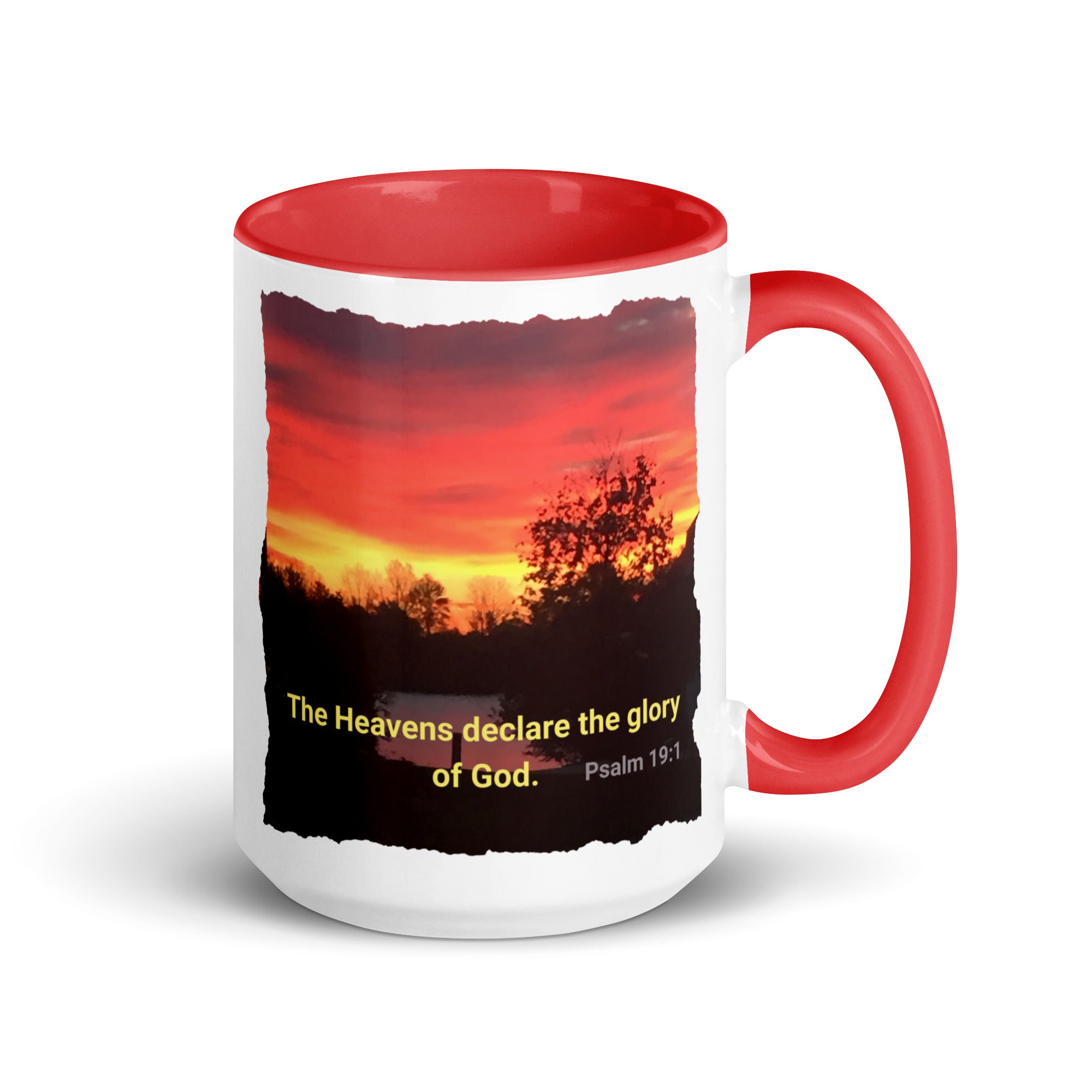 Psalm 19:1 Bible Verse, Sunset Glory White Ceramic Mug with Color Inside Red 15 oz