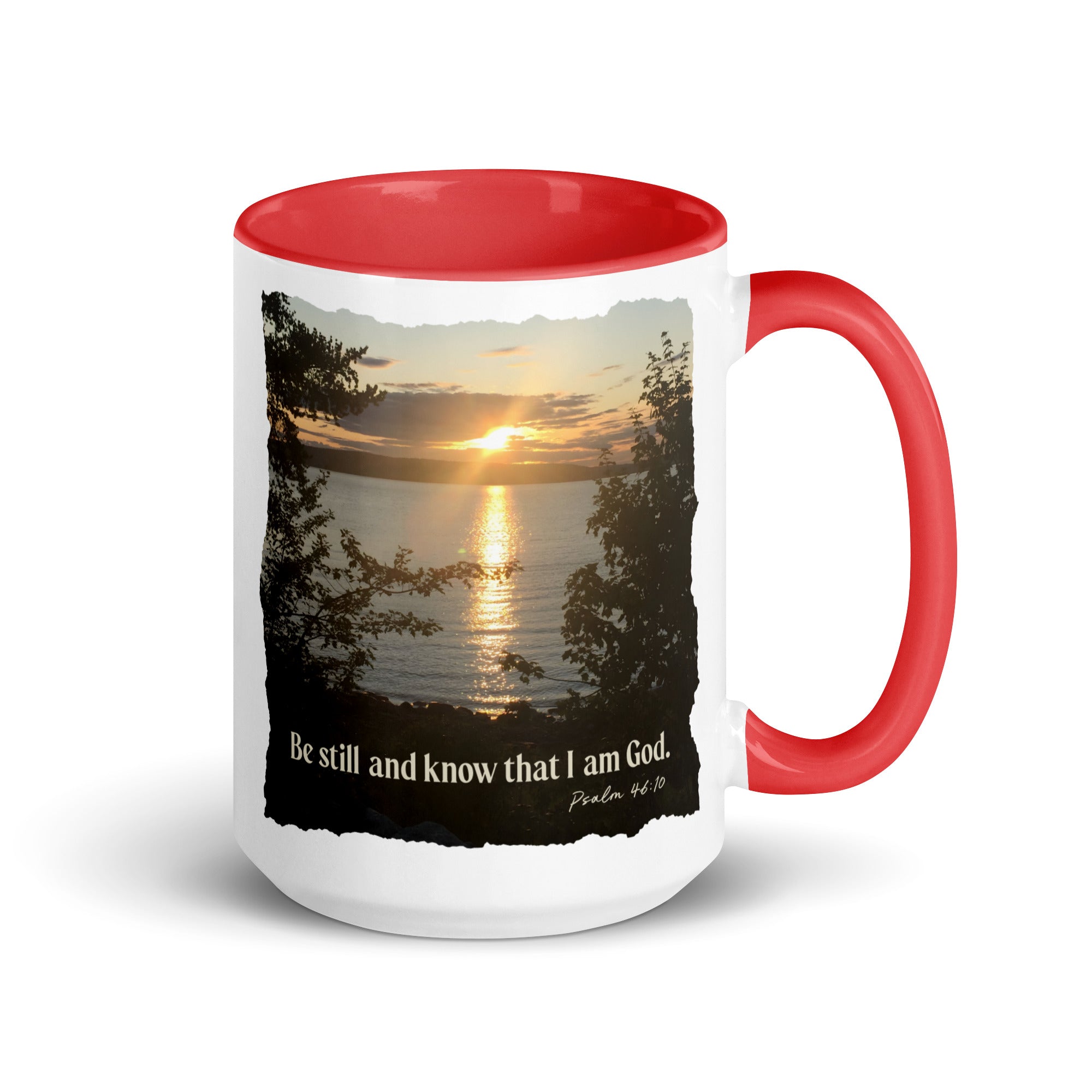 Psalm 46:10 Bible Verse, Sunset Glory White Ceramic Mug with Color Inside Red 15 oz