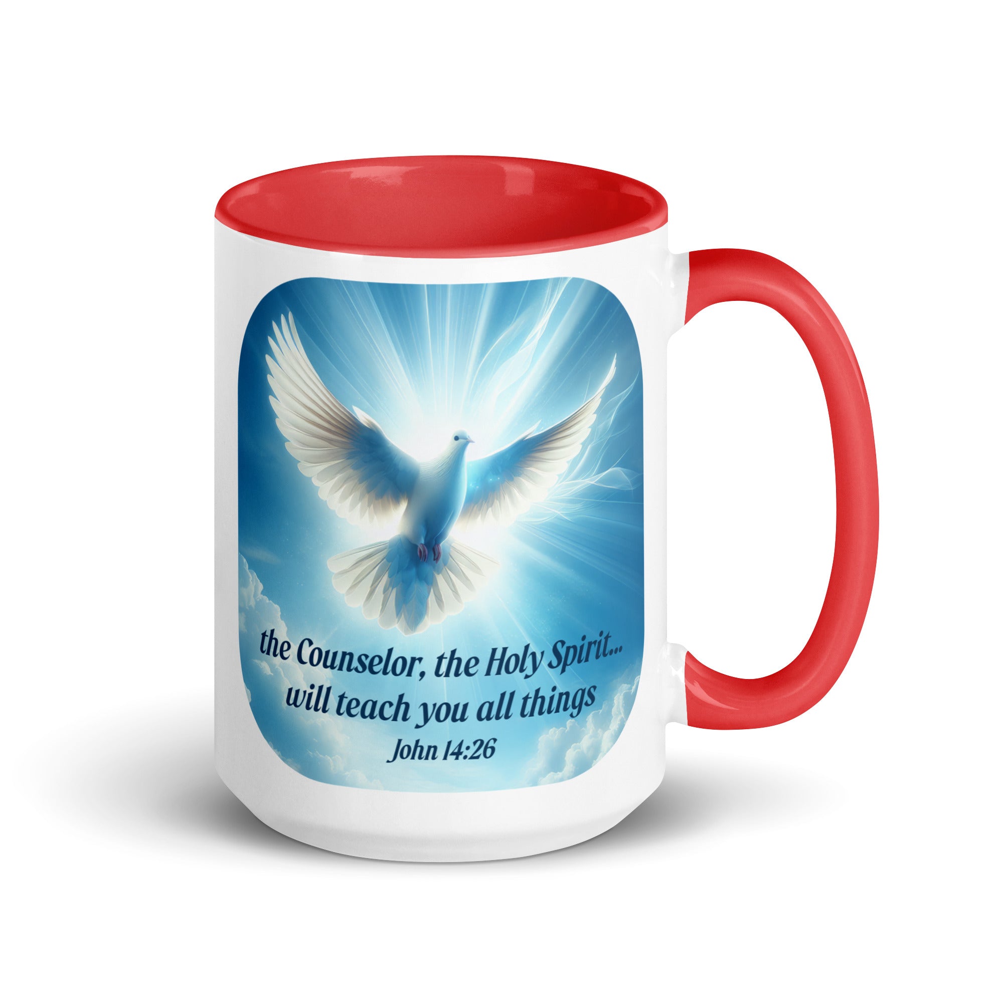 John 14:26 Bible Verse, Holy Spirit Dove White Ceramic Mug with Color Inside Red 15 oz