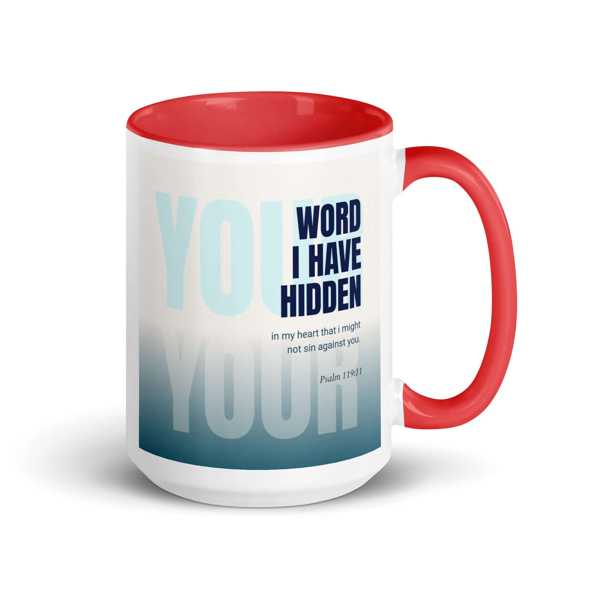 Psalm 119:11 Bible Verse, hidden your word White Ceramic Mug with Color Inside Red 15 oz
