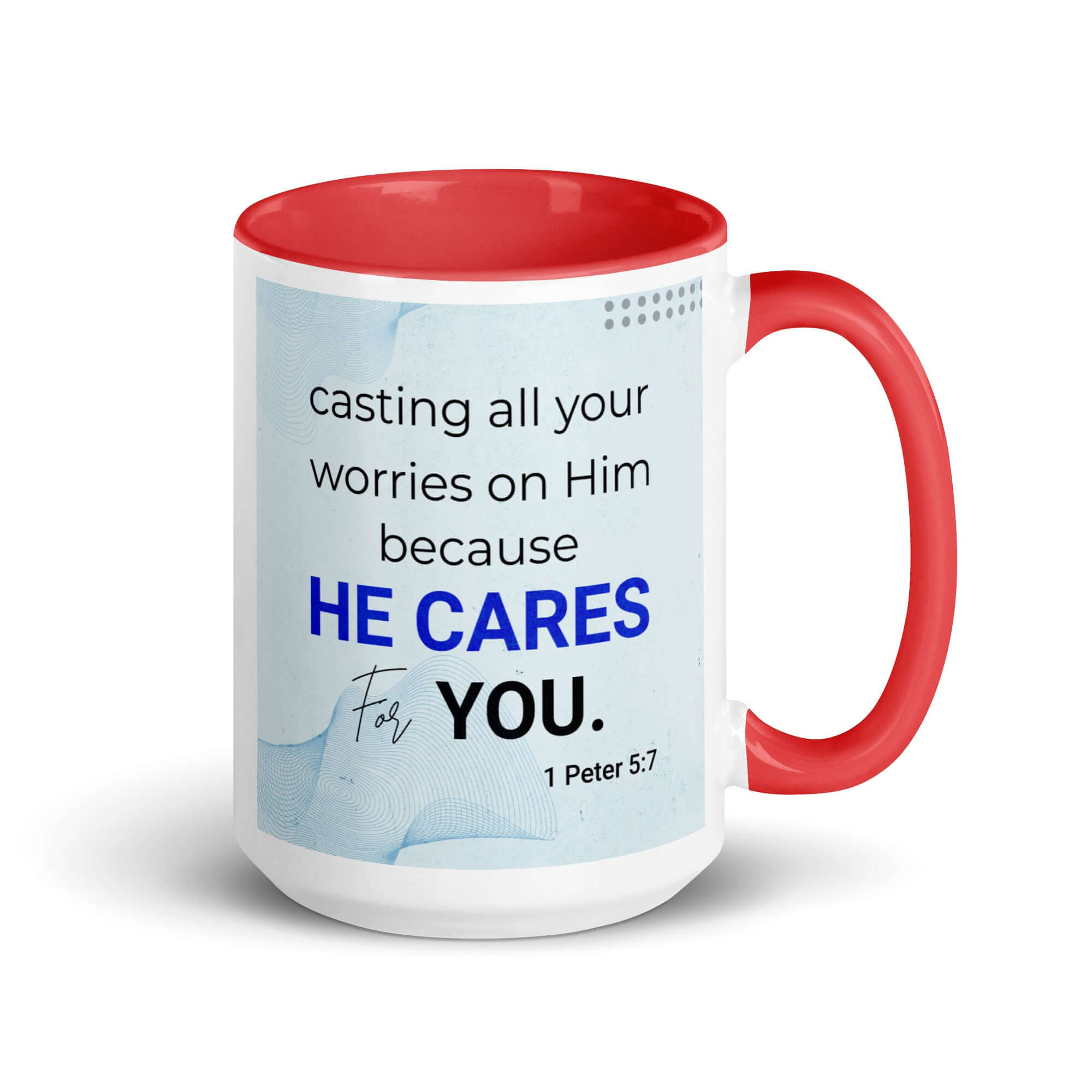 1 Peter 5:7 Bible Verse, casting all your worries on Him White Ceramic Mug with Color Inside Red 15 oz