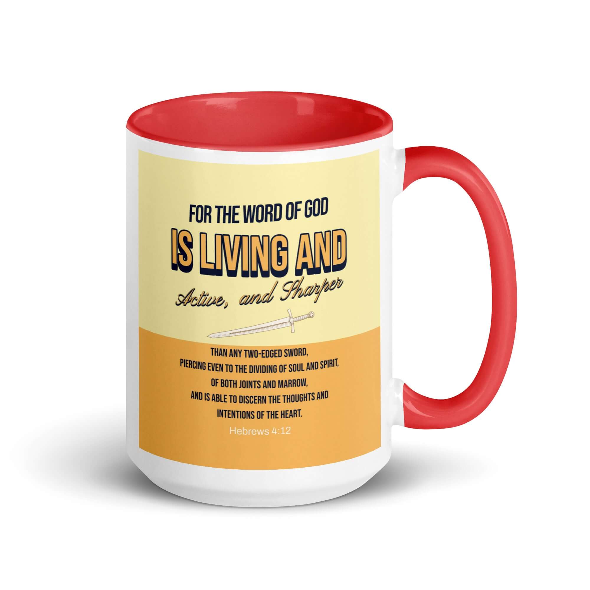 Hebrews 4:12 Bible Verse, living and active White Ceramic Mug with Color Inside Red 15 oz