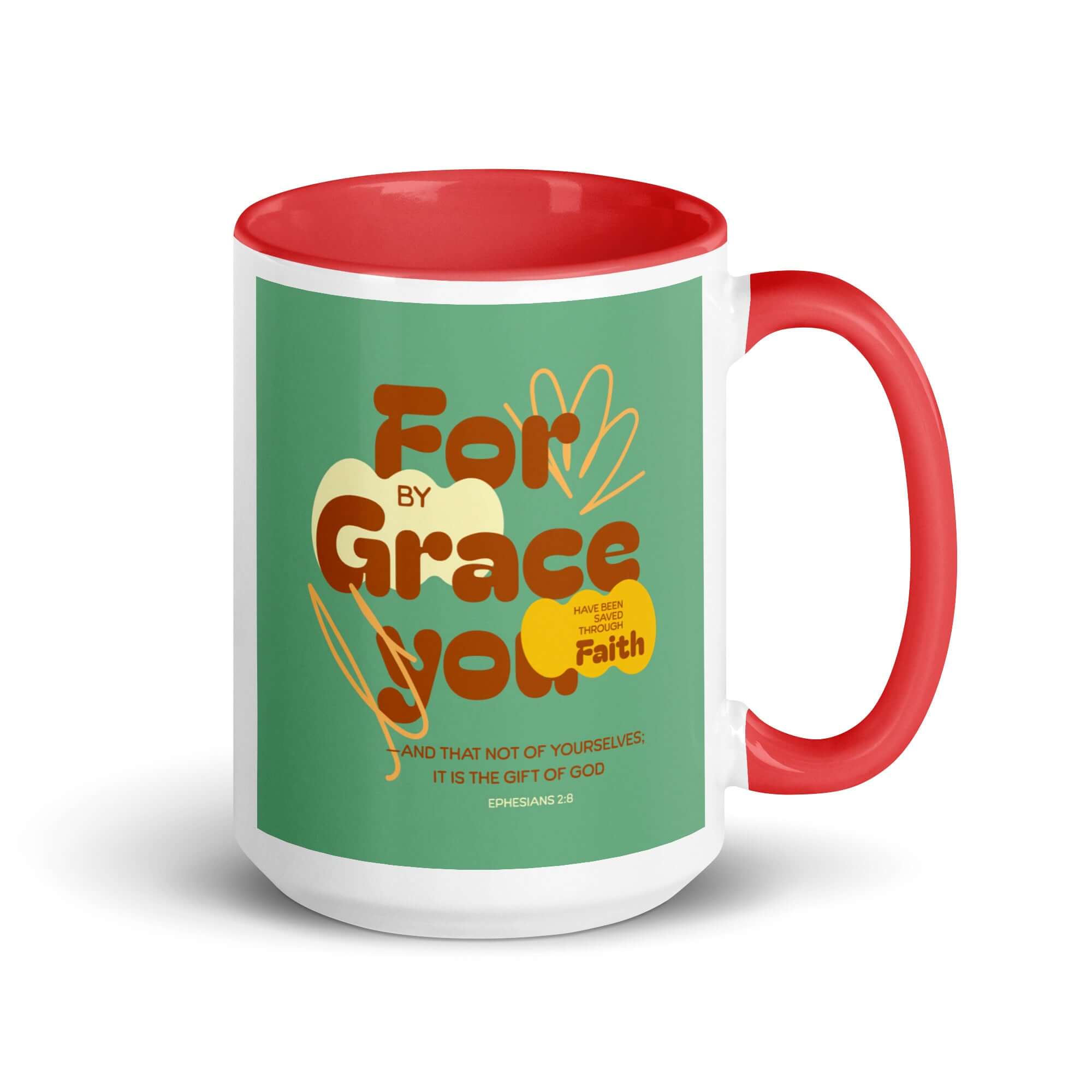 Ephesians 2:8 Bible Verse, for by grace White Ceramic Mug with Color Inside Red 15 oz