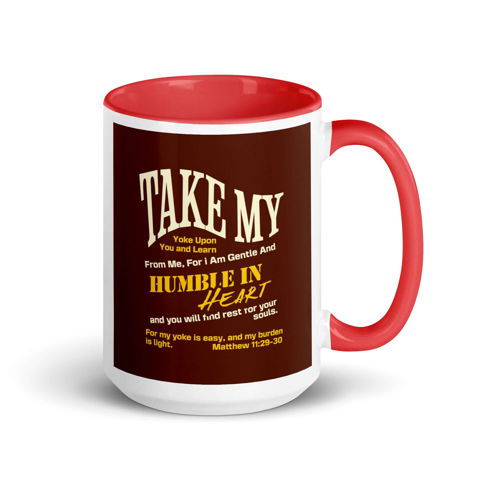 Matthew 11:29-30 Bible Verse, learn from me White Ceramic Mug with Color Inside Red 15 oz