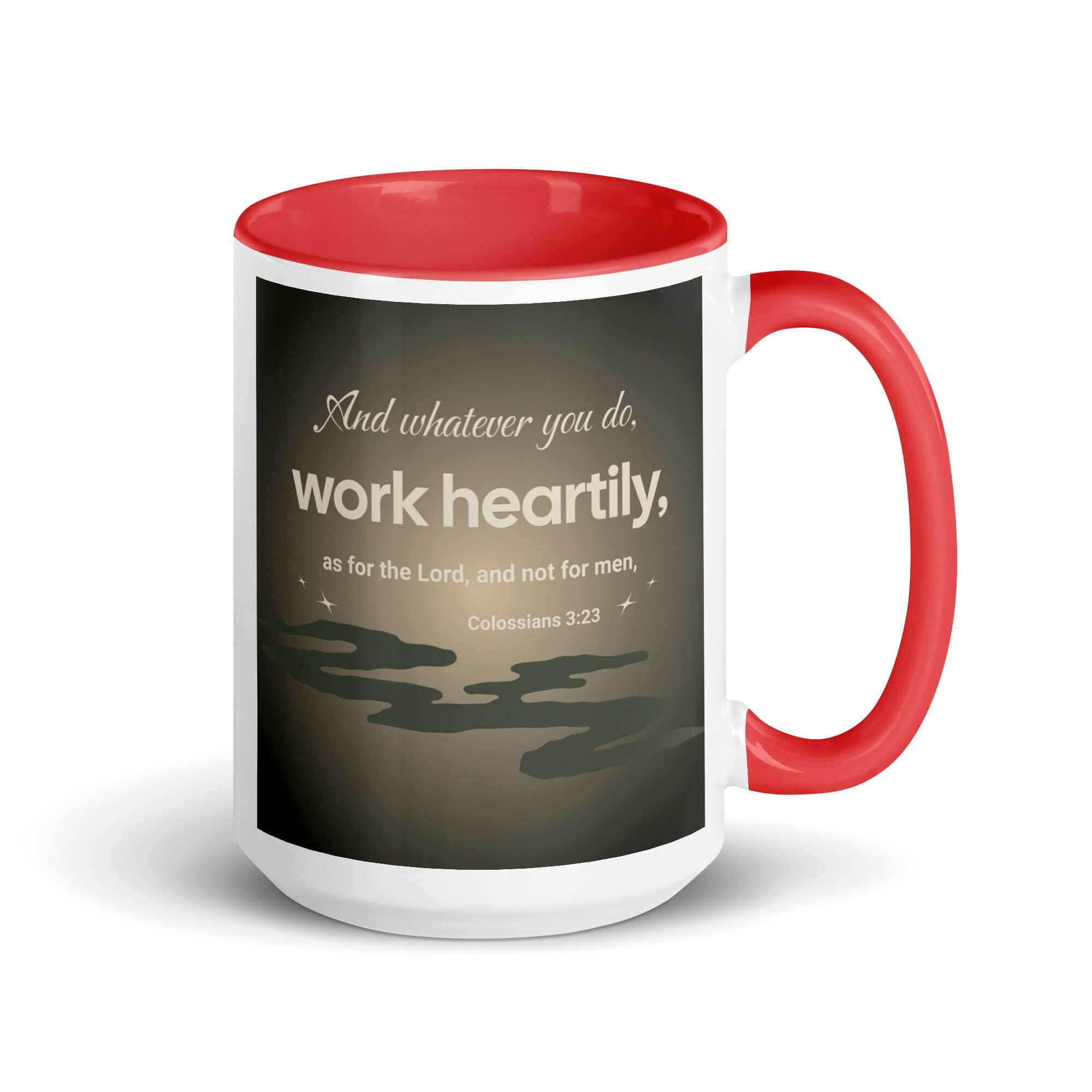 Colossians 3:23 Bible Verse, as for the Lord White Ceramic Mug with Color Inside Red 15 oz