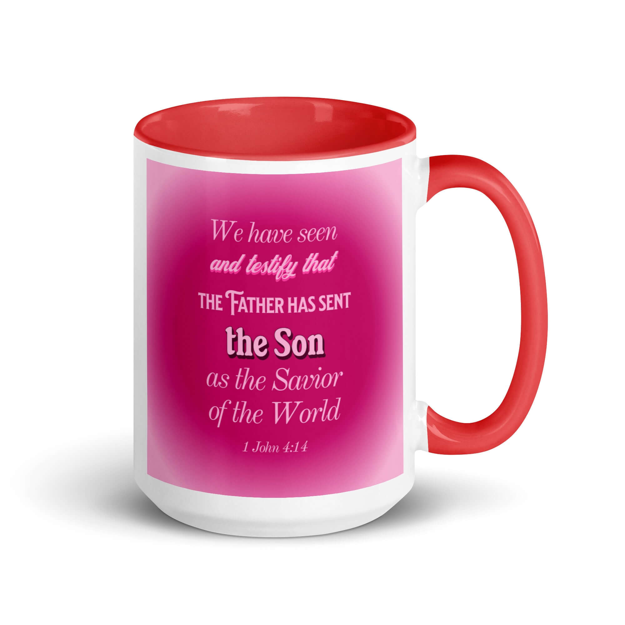 1 John 4:14 Bible Verse, that the Father White Ceramic Mug with Color Inside Red 15 oz