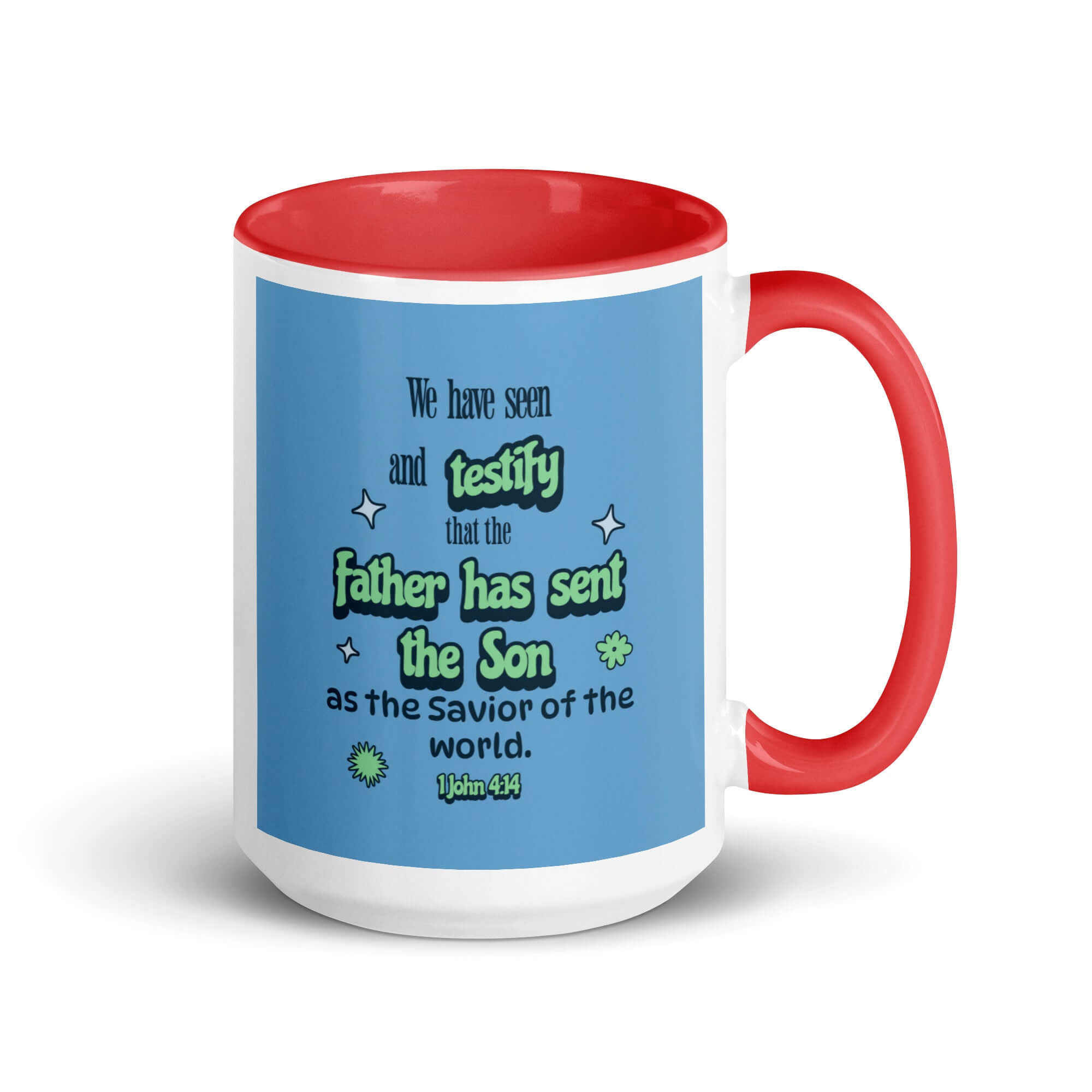 1 John 4:14 Bible Verse, sent the Son White Ceramic Mug with Color Inside Red 15 oz